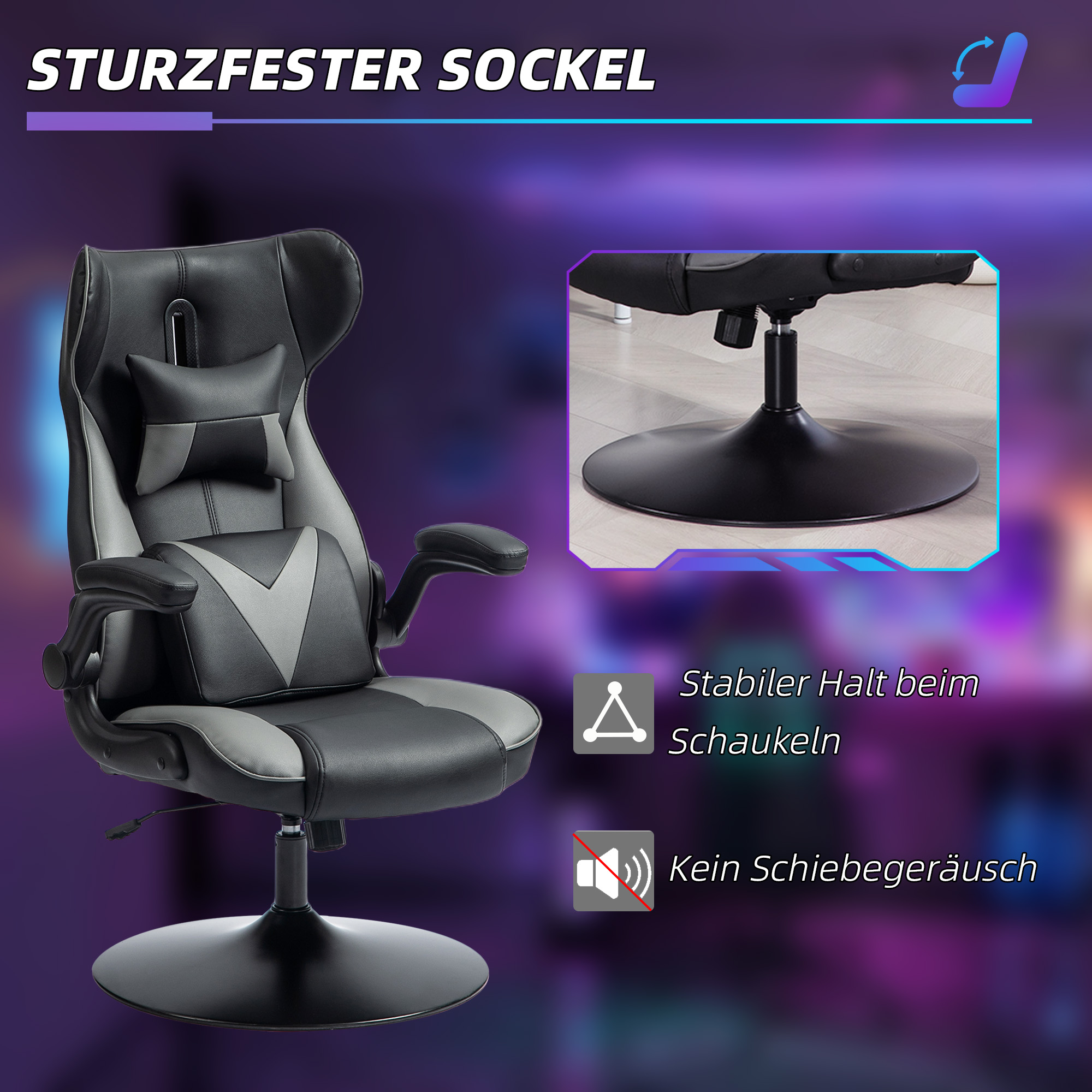 Gaming-Stuhl mit Schaukelfunktion, Drehstuhl, höhenverstellbar, gepolsterter Sitz, Metall, 67 x 71 x 112 cm, Grau