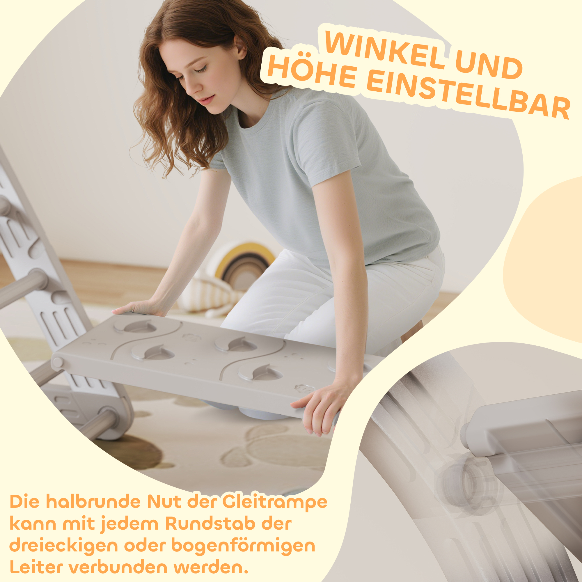 Klettergerüst Indoor, 5 in 1 Kletterdreieck mit Rutsche, Kletterbogen, inkl. doppelseitige Rampe, Spielplatz Indoor für Kinder 18-48 Monate, Grau+Weiß