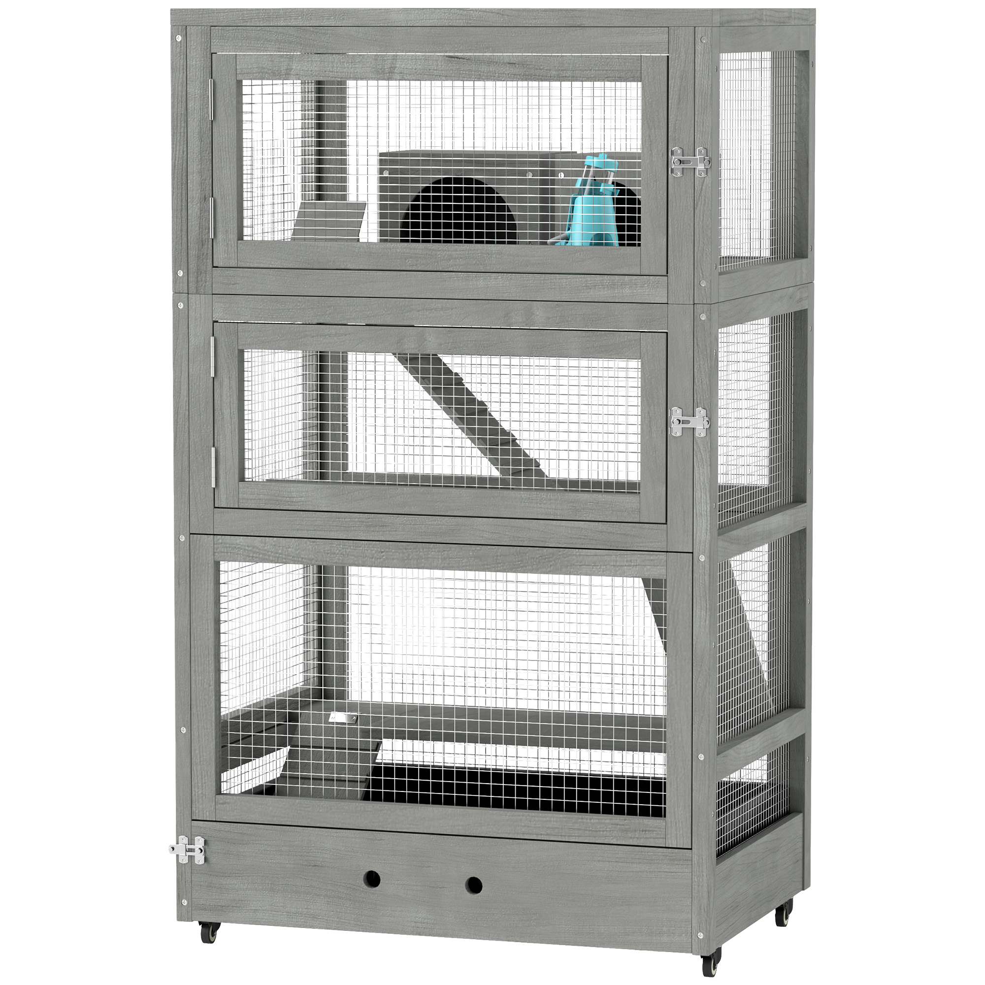 4-stufiger Hamsterkäfig aus Holz, mit Hütten, Wippe, Futterschalen, Rampen, Rollen, 65 x 45 x 109 cm, Grau 4-stufiger Hamsterkäfig aus Holz, mit Hütten, Wippe, Futterschalen, Rampen, Rollen, 65 x 45 x 109 cm, Grau