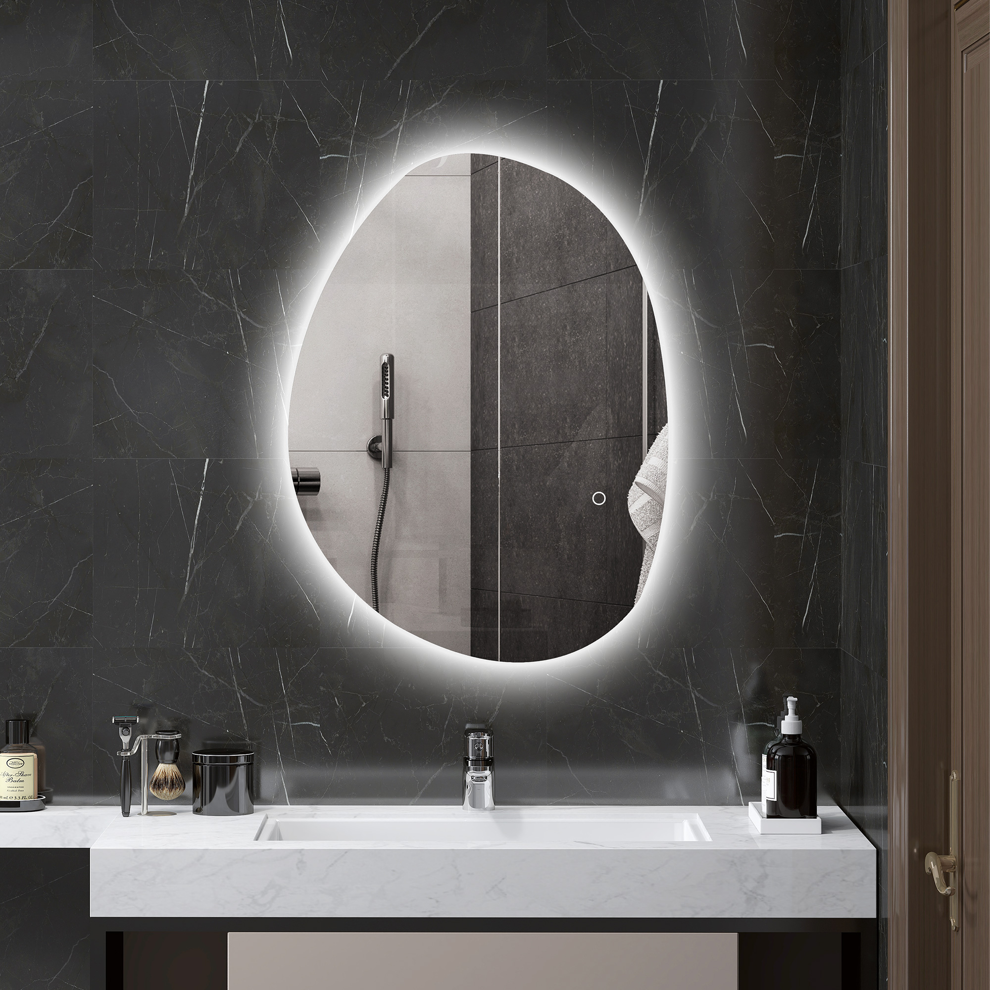 70 x 50 cm Asymmetrischer Badspiegel mit LED-Licht, Smart Touch Schalter, Anti-Beschlag-Funktion, Silber