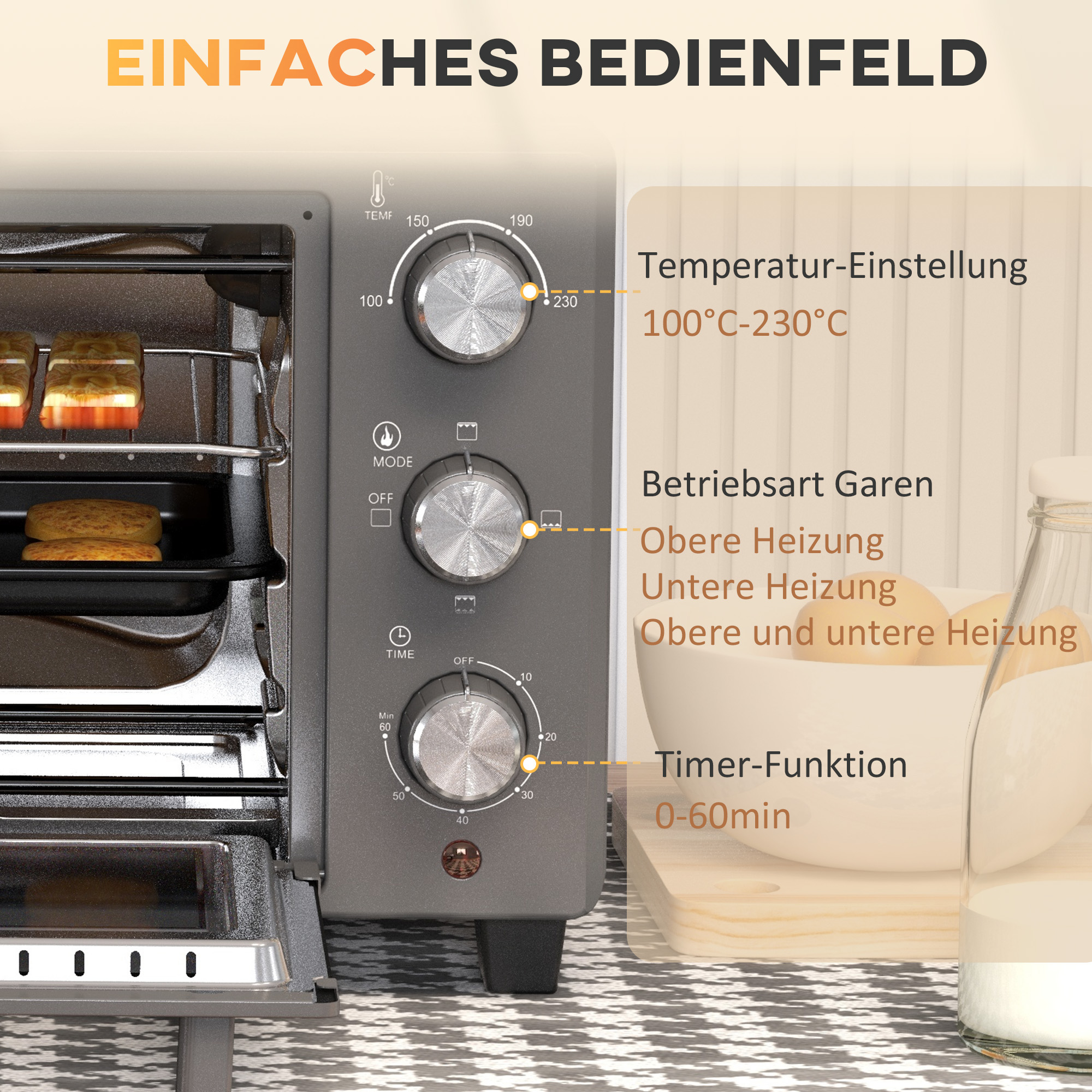 Minibackofen, 21 L Toasterofen mit 1 Drahtgestell und 1 Backblech, 3 Kochmodi, 100 °C-230 °C, Edelstahl, Glas, Grau