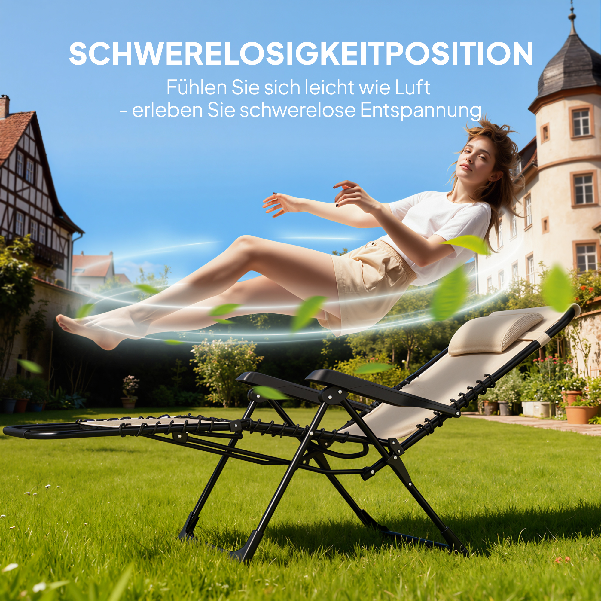 Sonnenliege klappbar Gartenliege mit Kopfkissen, 5-Fach verstellbare Rückenlehne bis 120 kg belastbar Beige