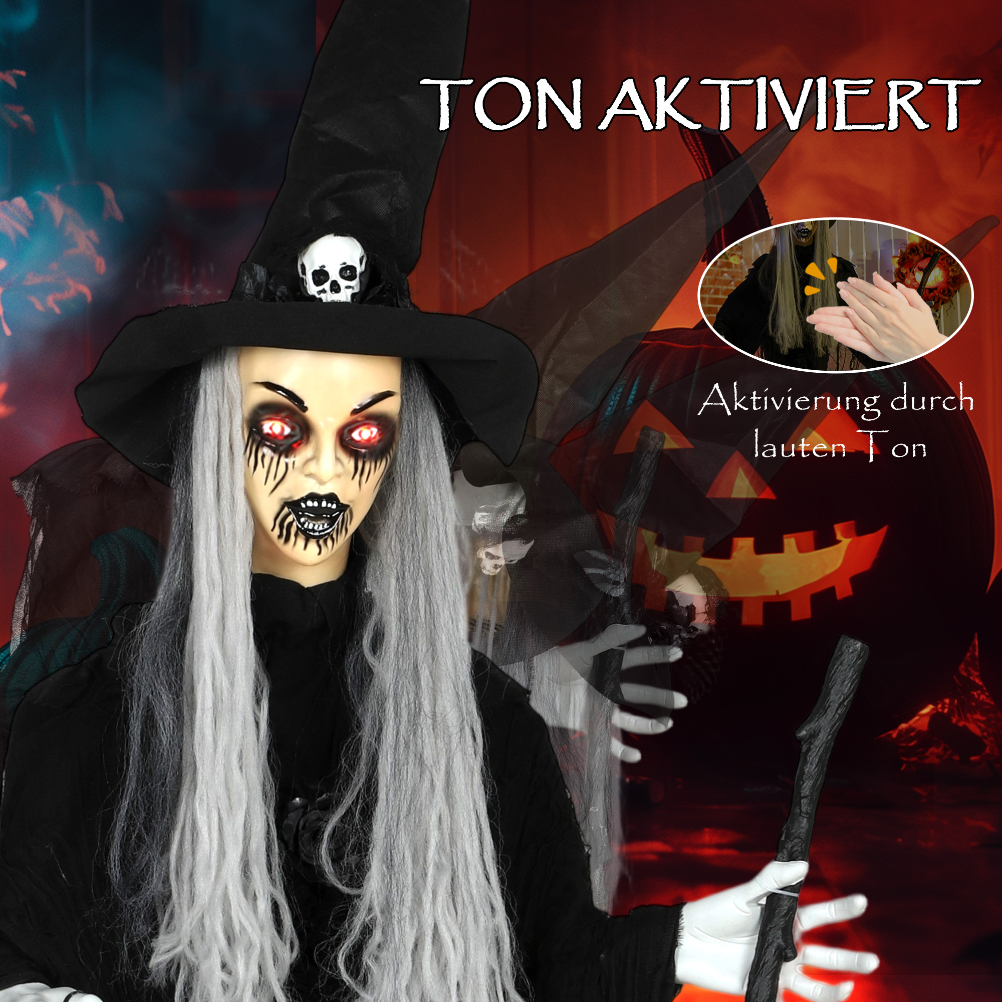170 cm Halloween Dekoration Halloween Hexe mit LED-Lichter, Soundfunktion verstellbare Arme, Kopf