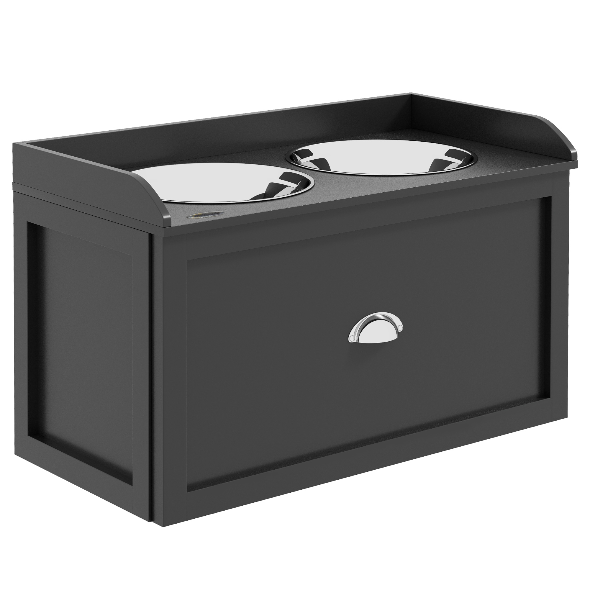 Futterstation, 2 Fressnäpfe je 2 Liter, Edelstahl, mit Schublade, für große Hunde, schwarz+silber, 60 x 30 x 36 cm Futterstation, 2 Fressnäpfe je 2 Liter, Edelstahl, mit Schublade, für große Hunde, schwarz+silber, 60 x 30 x 36 cm