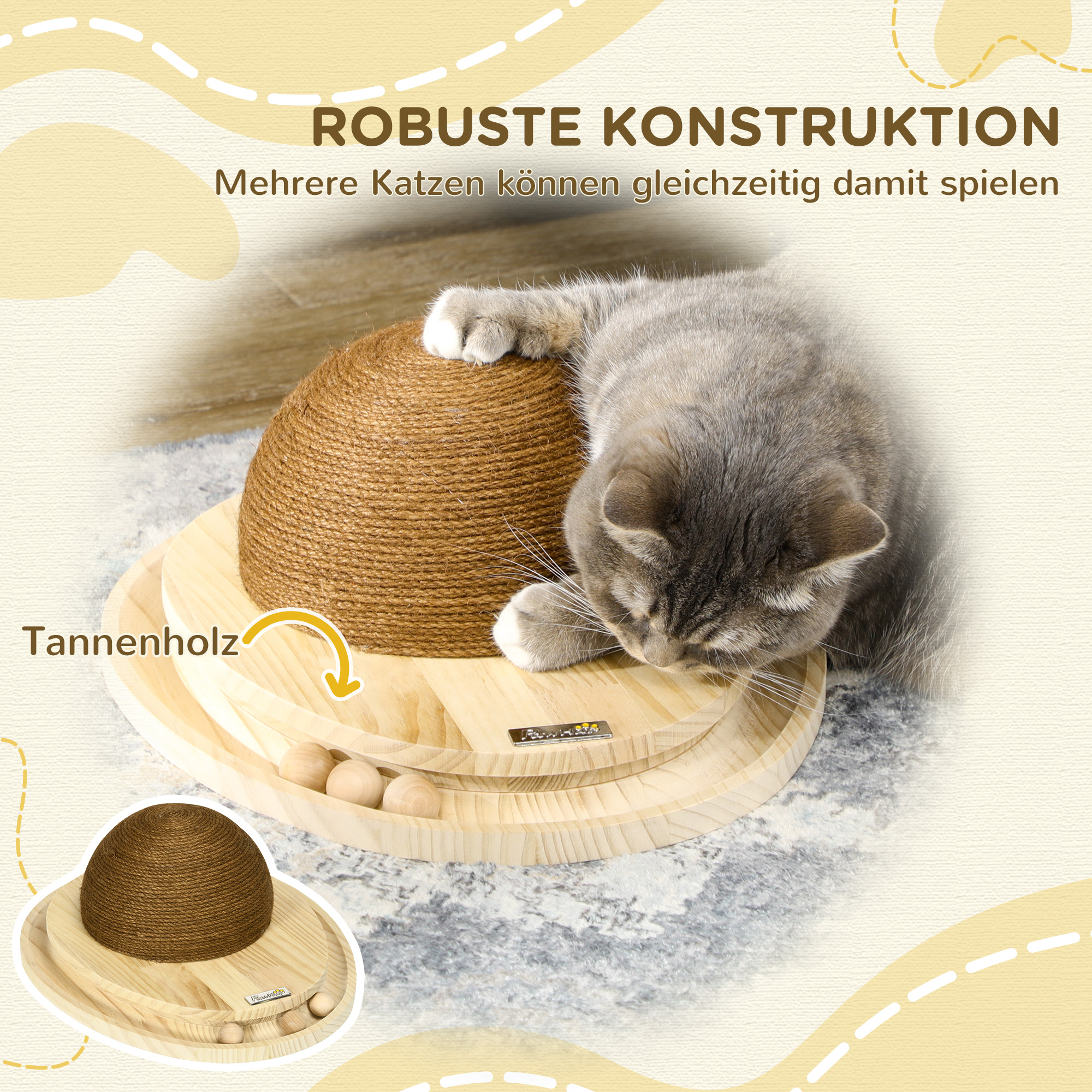 interaktives Katzenspielzeug, Kratzfläche, ovale Kugelbahn, Kiefernholz, 39,5 x 32,5 x 14,5 cm