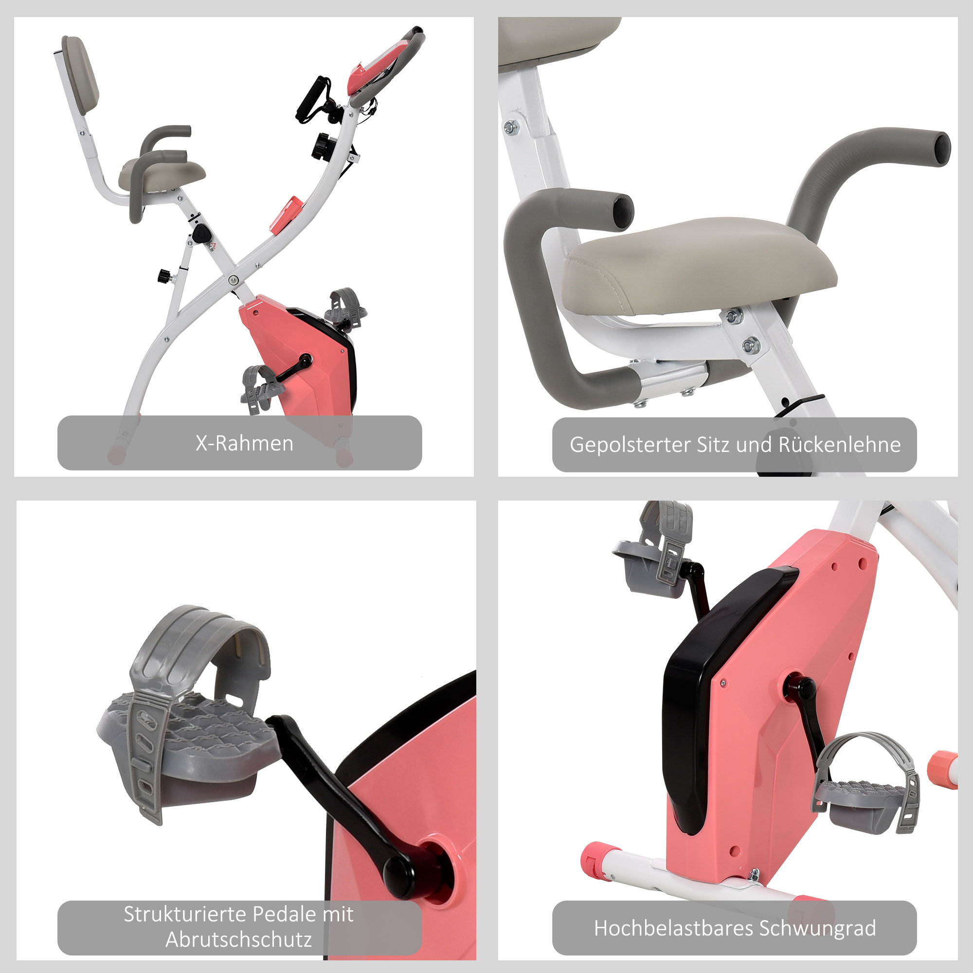 Heimtrainer X-Bike 2-in-1 Fahrradtrainer mit LCD-Display,Pulsmesser, klappbarer Hometrainer Trimmrad mit 8 stufig Magnetwiderstand, 1 Paar Spannseil, Stahl Rosa 105x48x118 cm