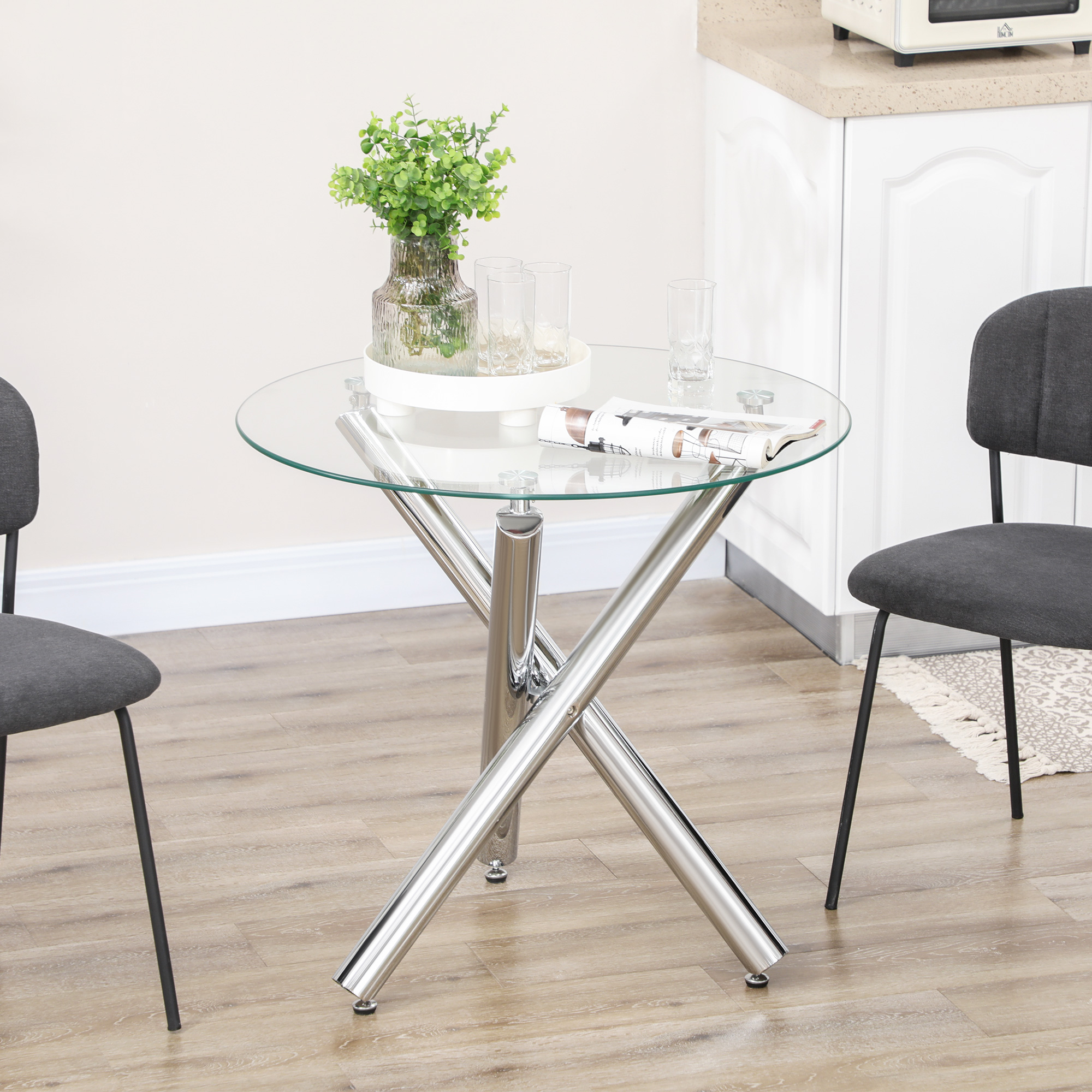Esstisch, runde Hartglasplatte, randloses Design, für 2-4 Personen, Stahlbeine, 80 x 80 x 74 cm