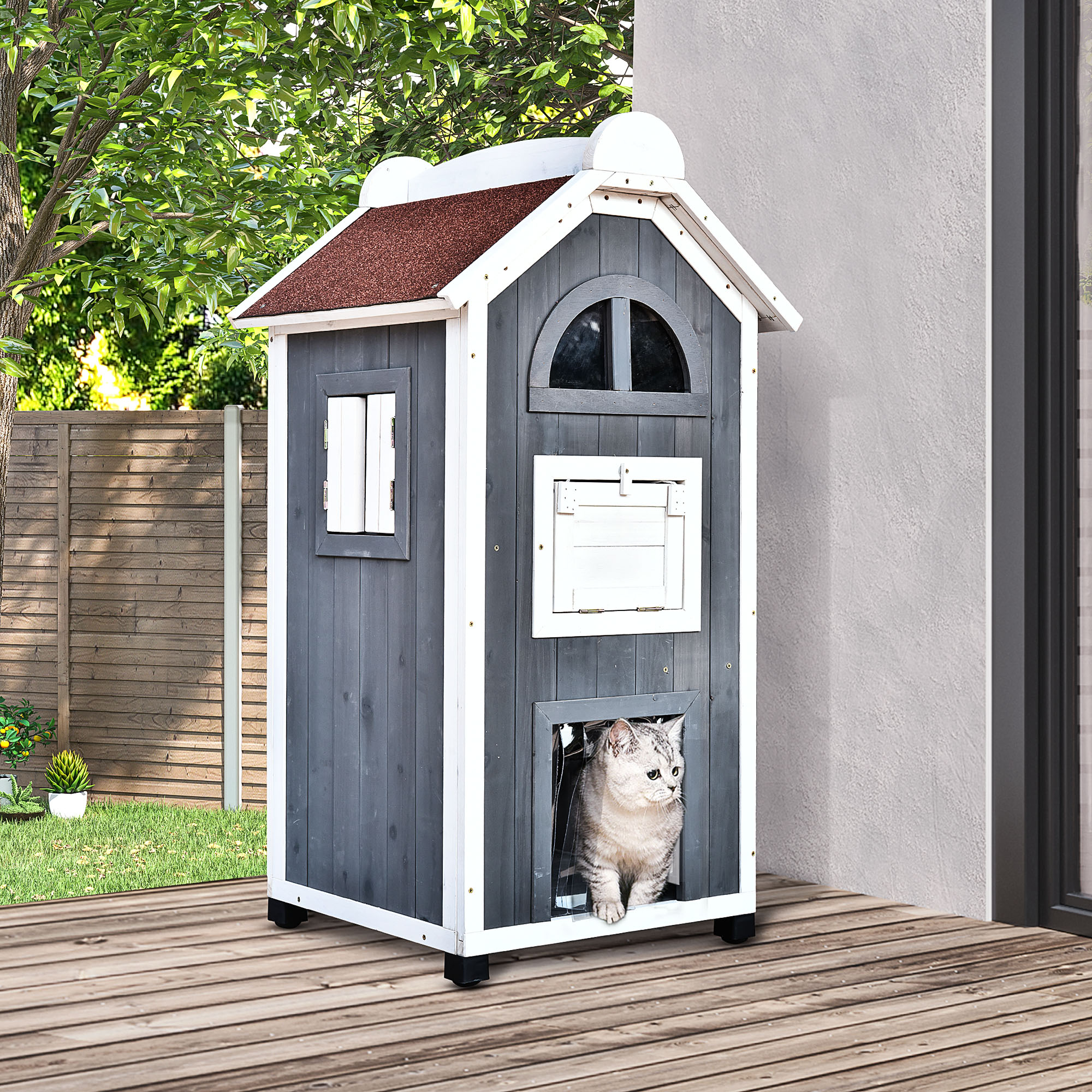 Katzenhaus für Katzenbett oder Katzentoilette, Katzenschrank, Katzenklo Indoor, Tannenholz, Asphaltdach, Grau, 59 x 55 x 109 cm