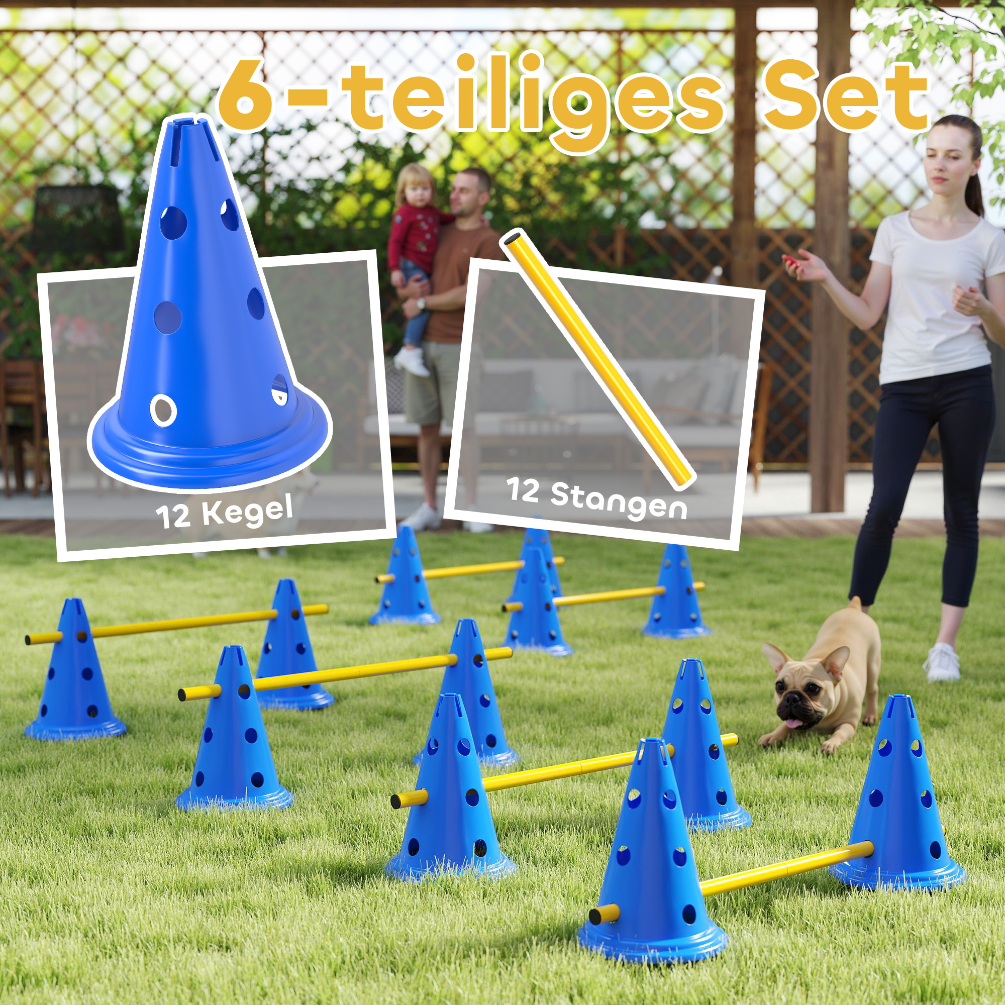 Agility Set Hunde 6-teiliges Agility-Ausrüstung für Hundetraining Steckhürdenset mit 12 Kegel 6 Hürden Tragetasche