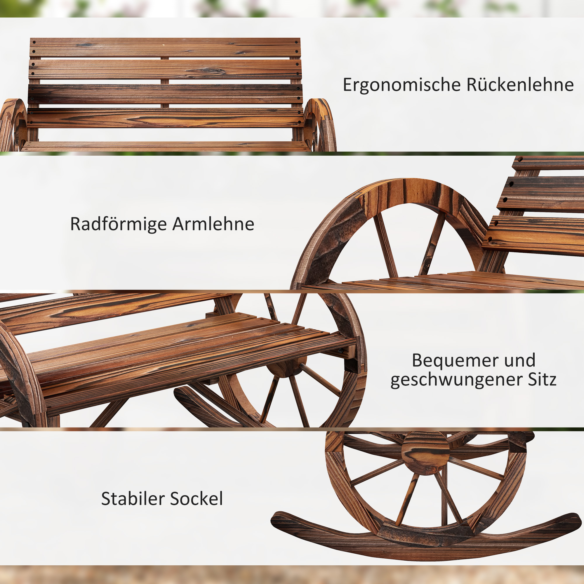 Garten-Schaukelbank, 2-Personen-Schaukel, mit radförmigen Armlehnen, für Balkon, Garten, Terrasse, carbonisiert.