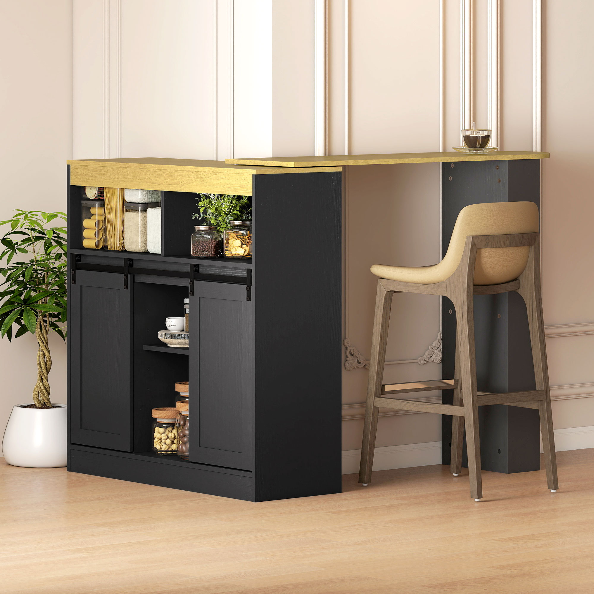 Ausziehbarer Bartisch, zu L-Form umwandelbar, viel Stauraum, 3 verstellbare Regale, Spanplatte, MDF, Schwarz