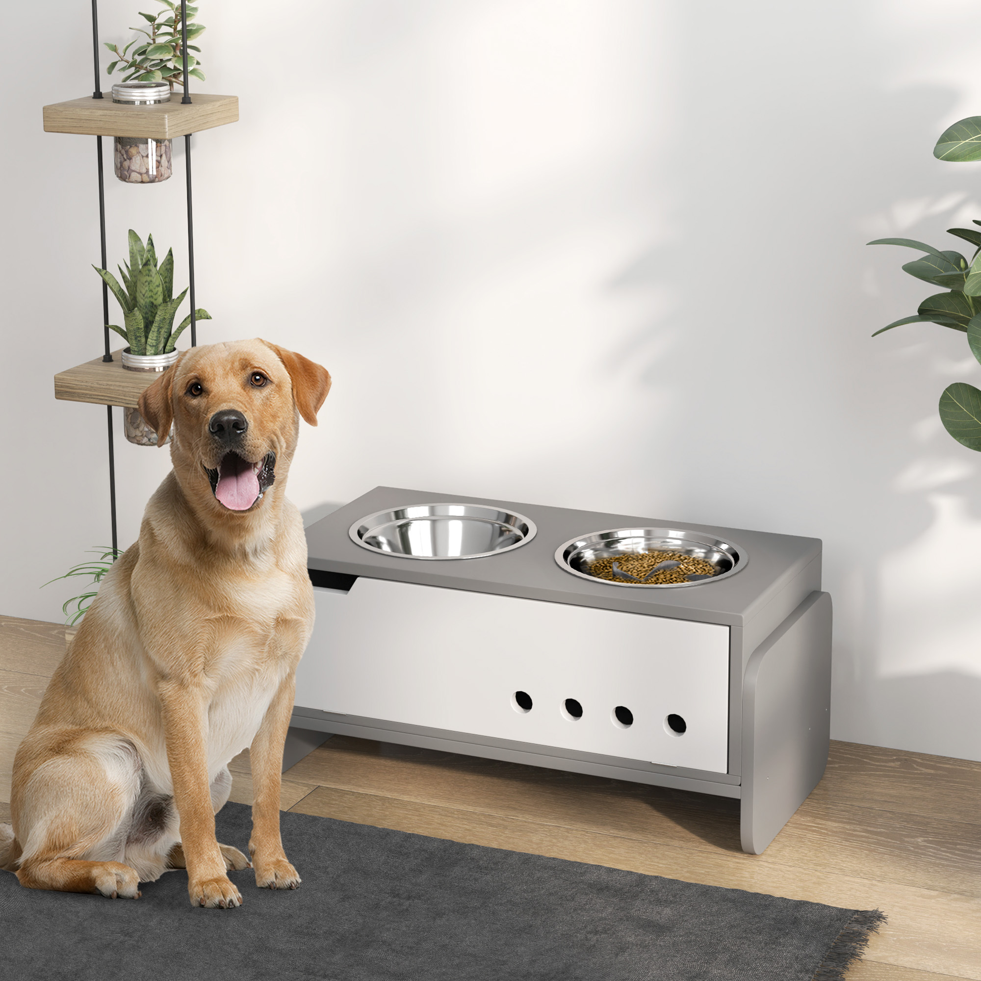 Erhöhte Fütterungsstation für Hunde, mit Stauraum und Anti-Schling-Matte, 2 x 2000 ml Edelstahlnapf, Grau