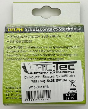 DELPHI Schutzkontakt-Steckdose, silber, 250V~/ 16A, inkl. Rahmen, Steckanschluss