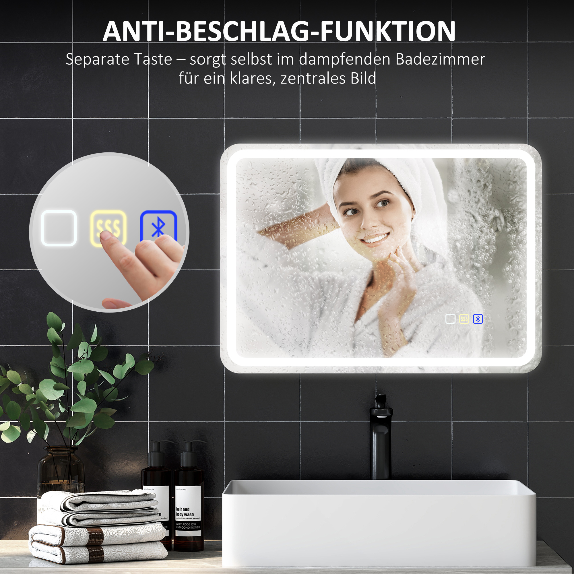 Badezimmerspiegel mit LED-Beleuchtung, Anti-Beschlags-Pad, 3 verstellbare Farben, Silberfarben