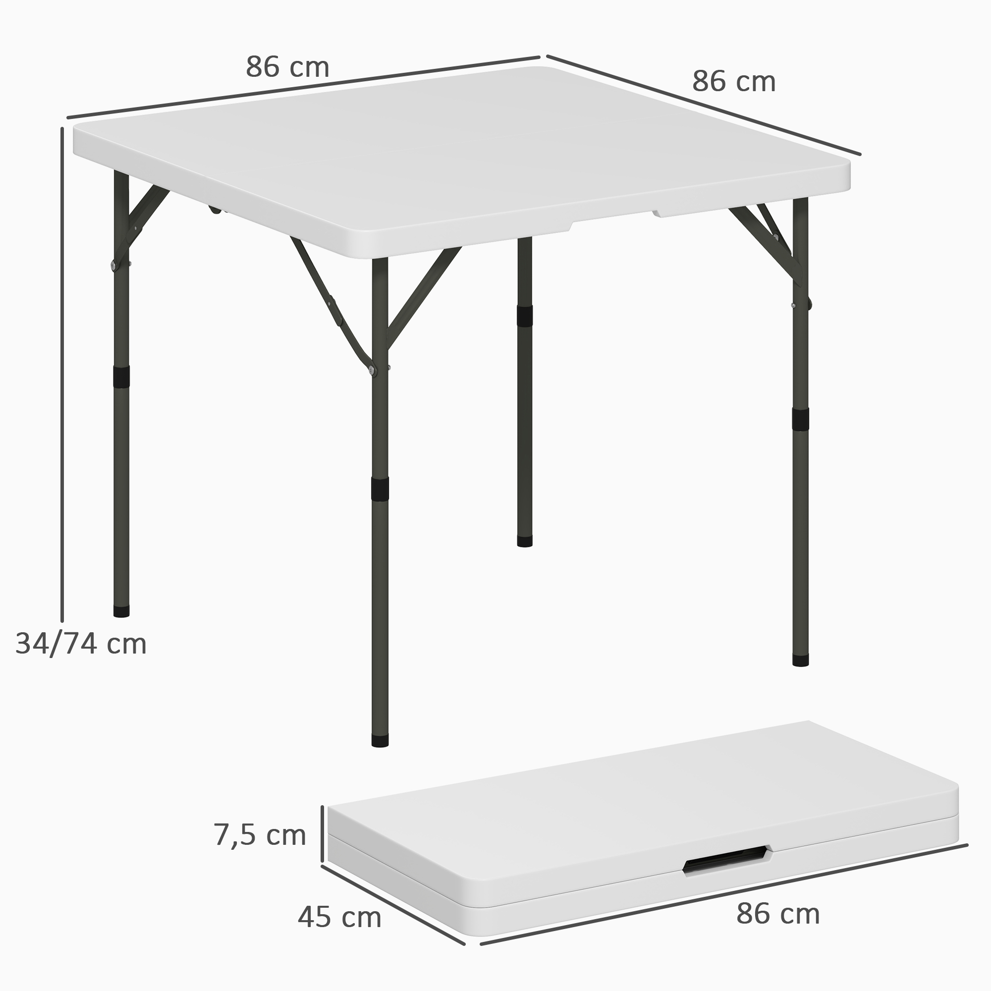 Picknicktisch, Klappbarer Campingtisch, in zwei Höhen einstellbar, für Gartenpartys, Camping, Kunststoff, Metall, Weiß