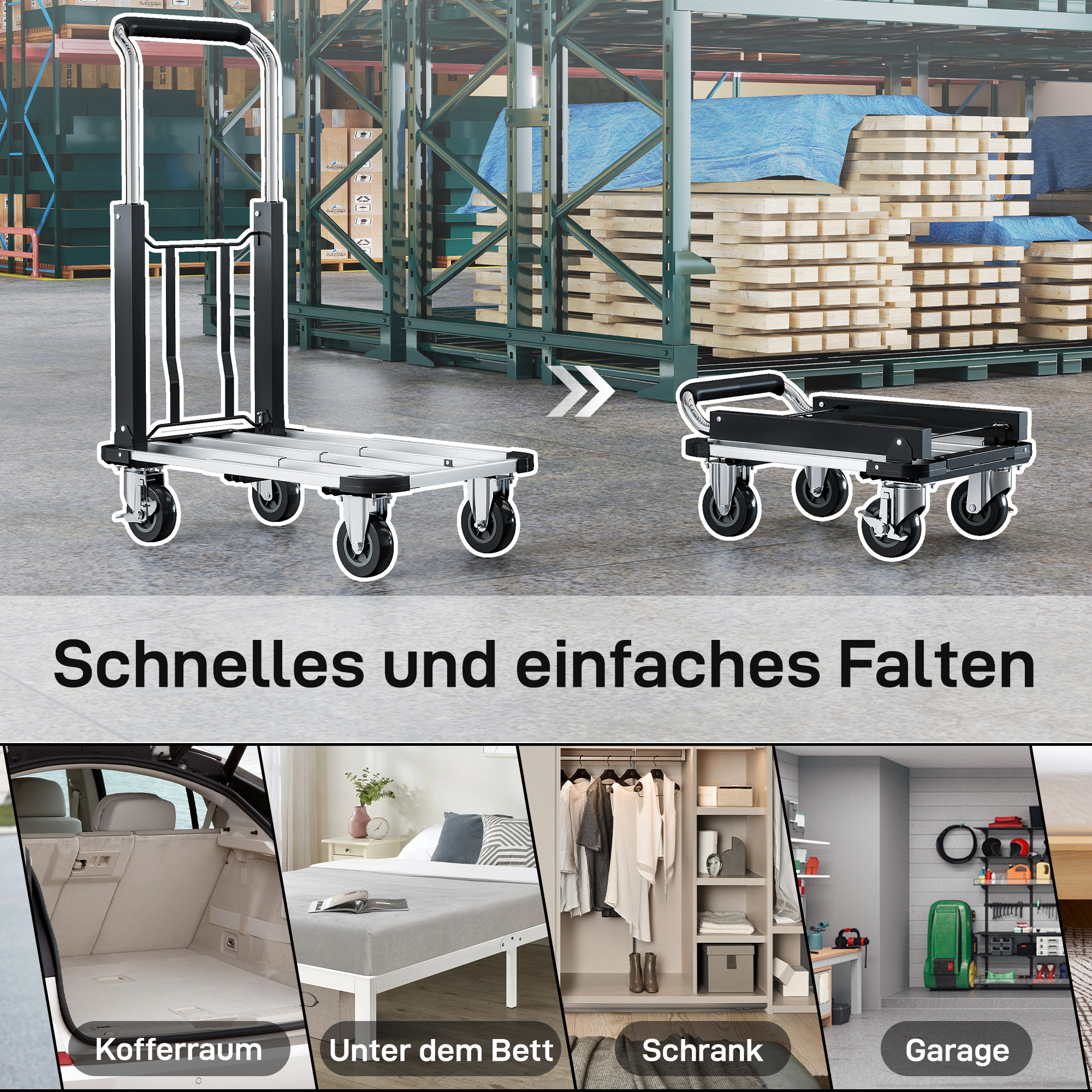 Faltbarer Handwagen, 150 kg Belastbarkeit, erweiterbare Fläche, höhenverstellbarer Griff, für Kisten, Metall, Schwarz
