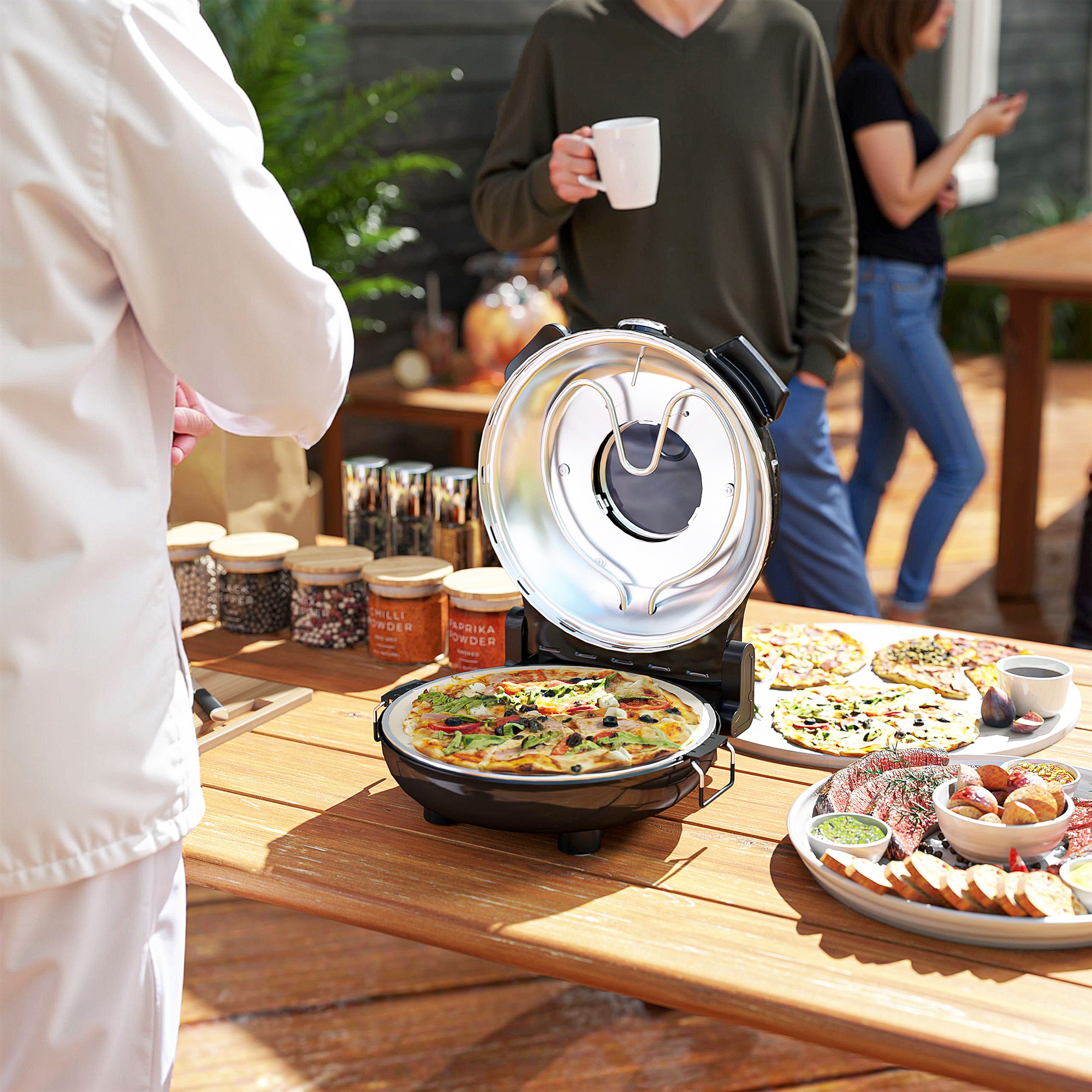 Pizzaofen elektrisch 430 ℃, 1200 Watt Pizzabäcker mit 30cm Steinplatte Timer Sichtfenster Edelstahl Schwarz