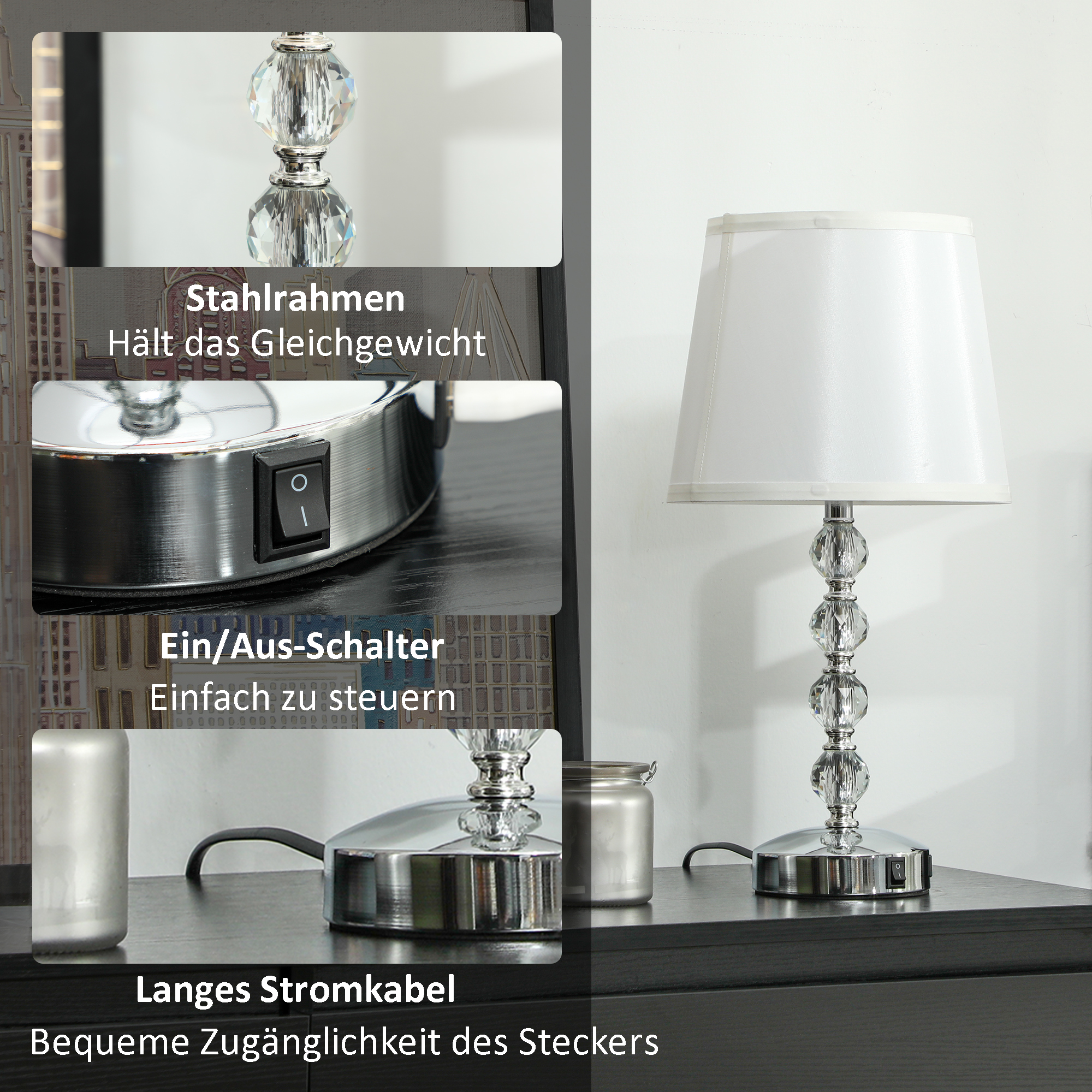 Kristall-Tischleuchte, Touch-Schalter, USB-Ladeanschluss, Ø23x45 cm, Silber