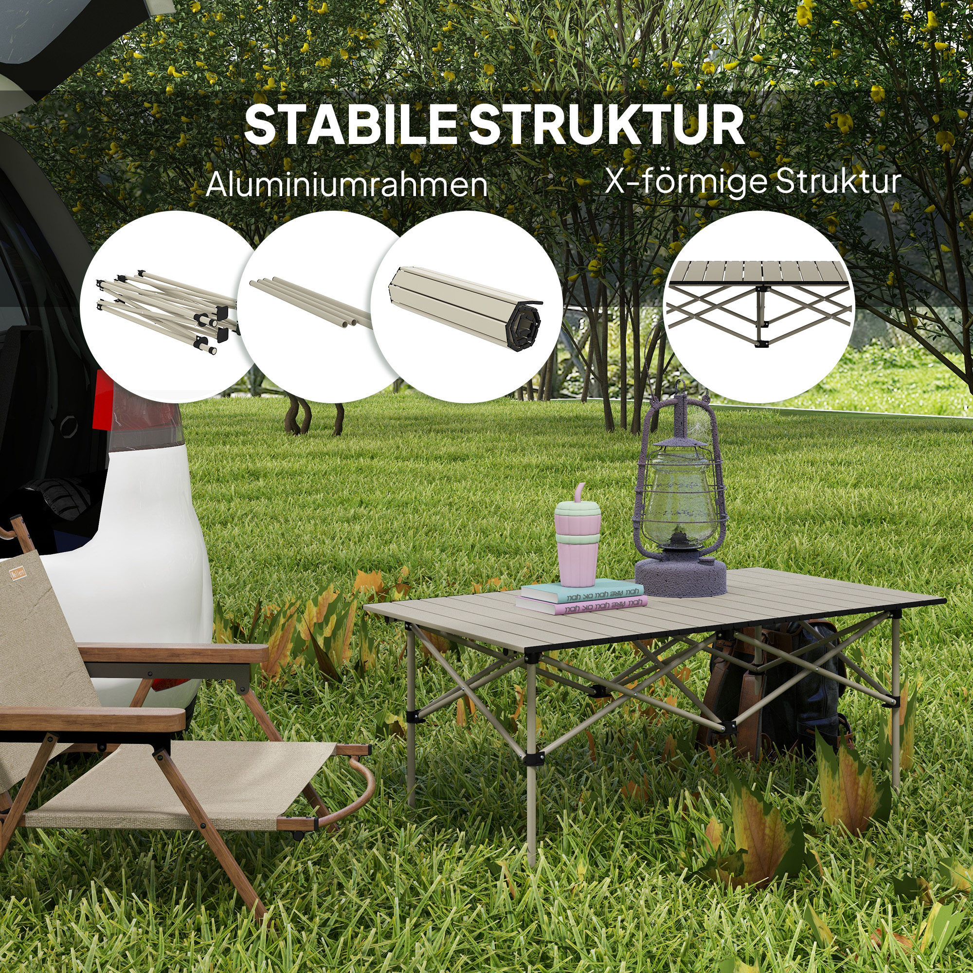 Campingtisch Klapptisch mit Aufrollbare Tischplatte Gartentisch aus Aluminium 2 Personen 95 x 55cm Khaki