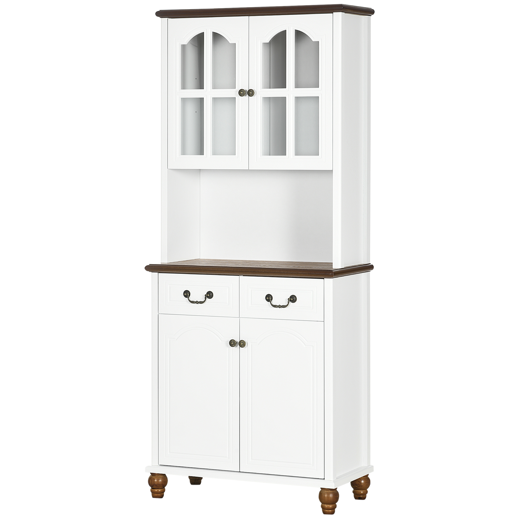 Küchenschrank, Buffet, 2 Schubladen, 2 Schrankfächer, klassisches Design, Weiß+Dunkelbraun, 76 x 38 x 182 cm
