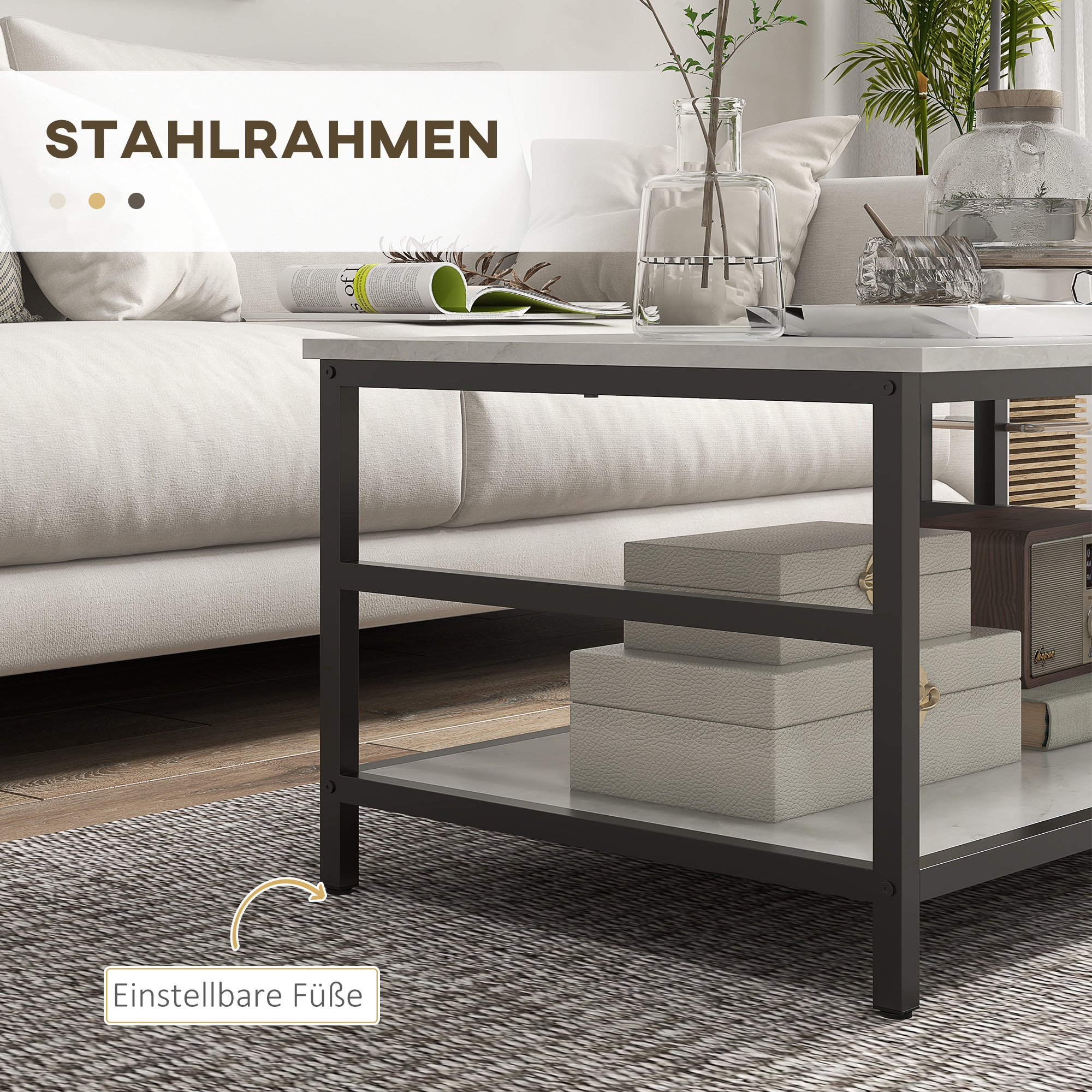 Couchtisch-Set, 2 Beistelltische, Marmoroptik, verstellbare Füße, Stahl, Schwarz/Weiß