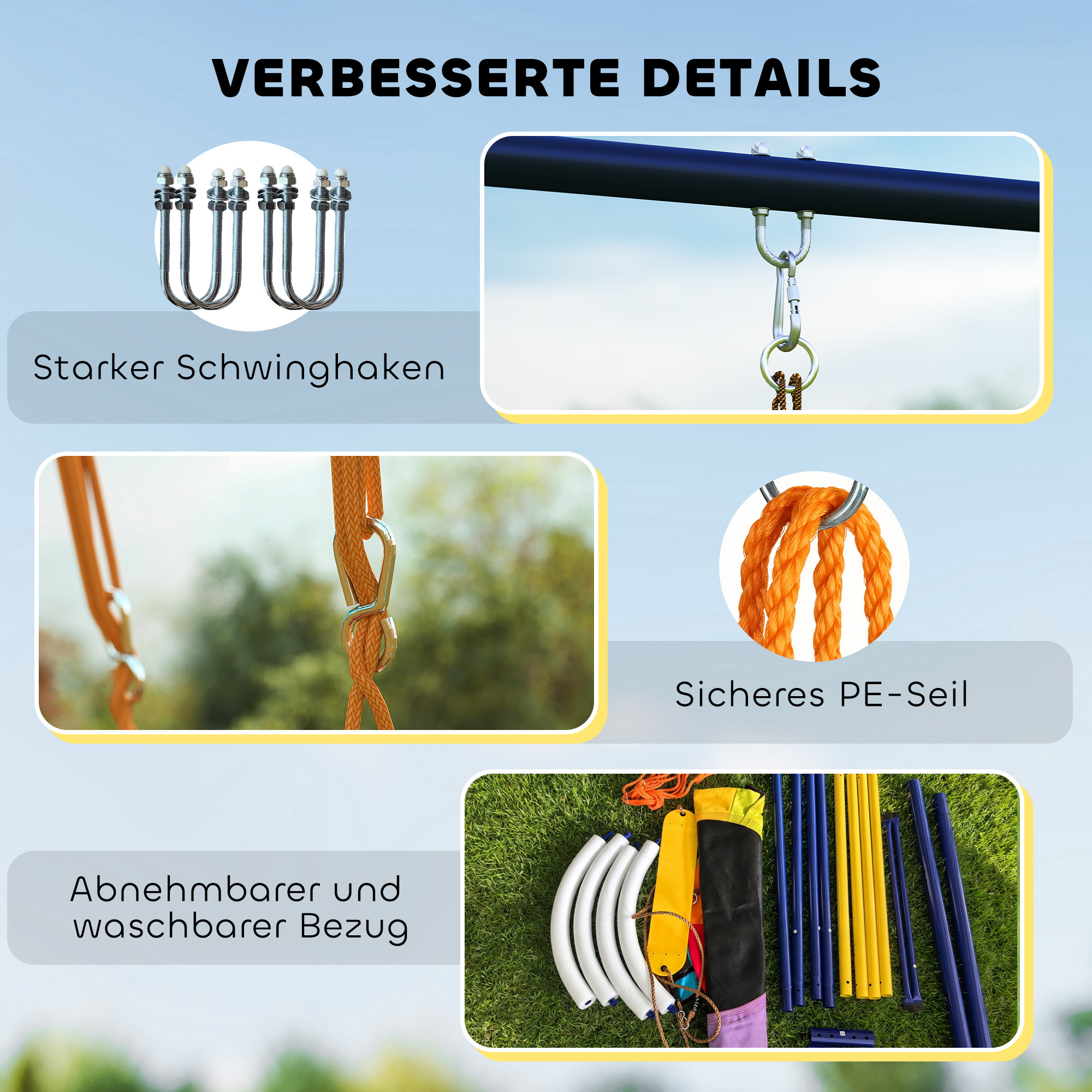Schaukelgestell Schaukel-Set mit Nestschaukel Gurtschaukel verstellbarem Seil für 3-8 Jahre 265x160x178 cm Mehrfarbig