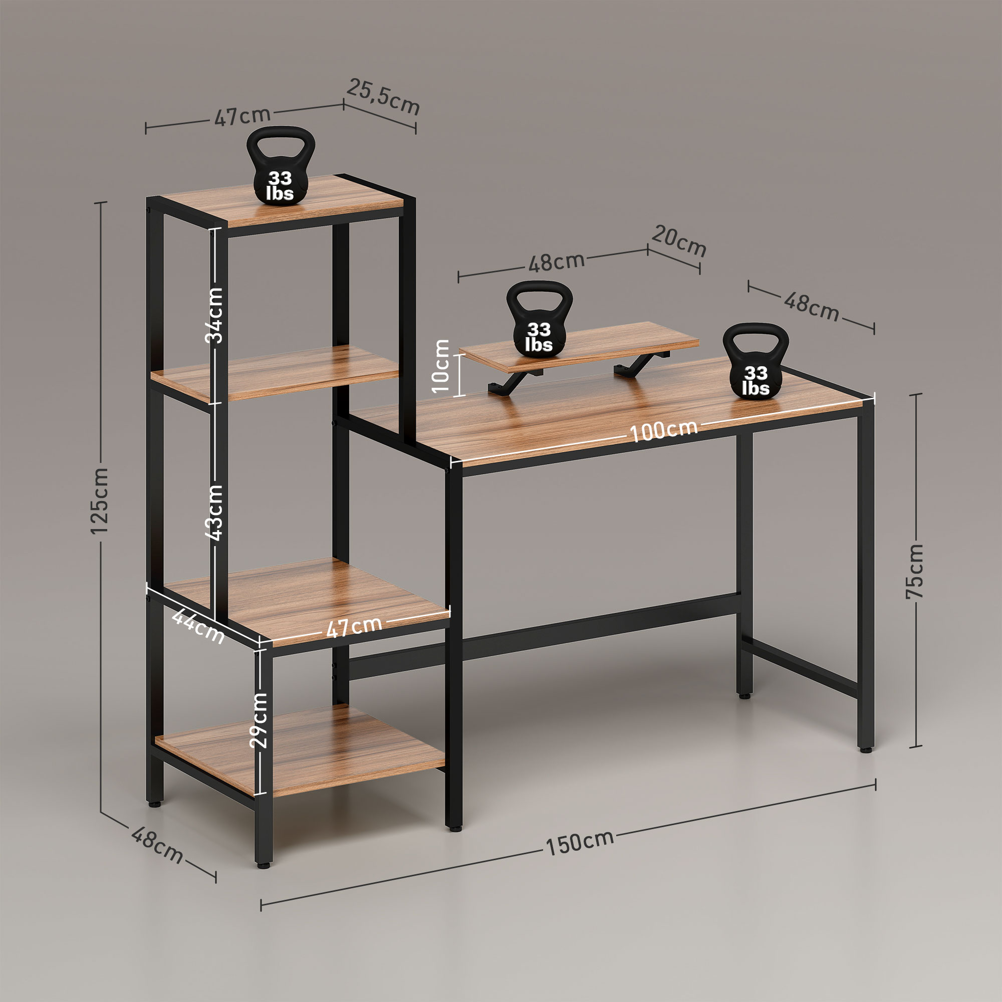 Computertisch mit Monitorständer, Schreibtisch mit 4-stufigem Regal, Industrielles Design, Braun