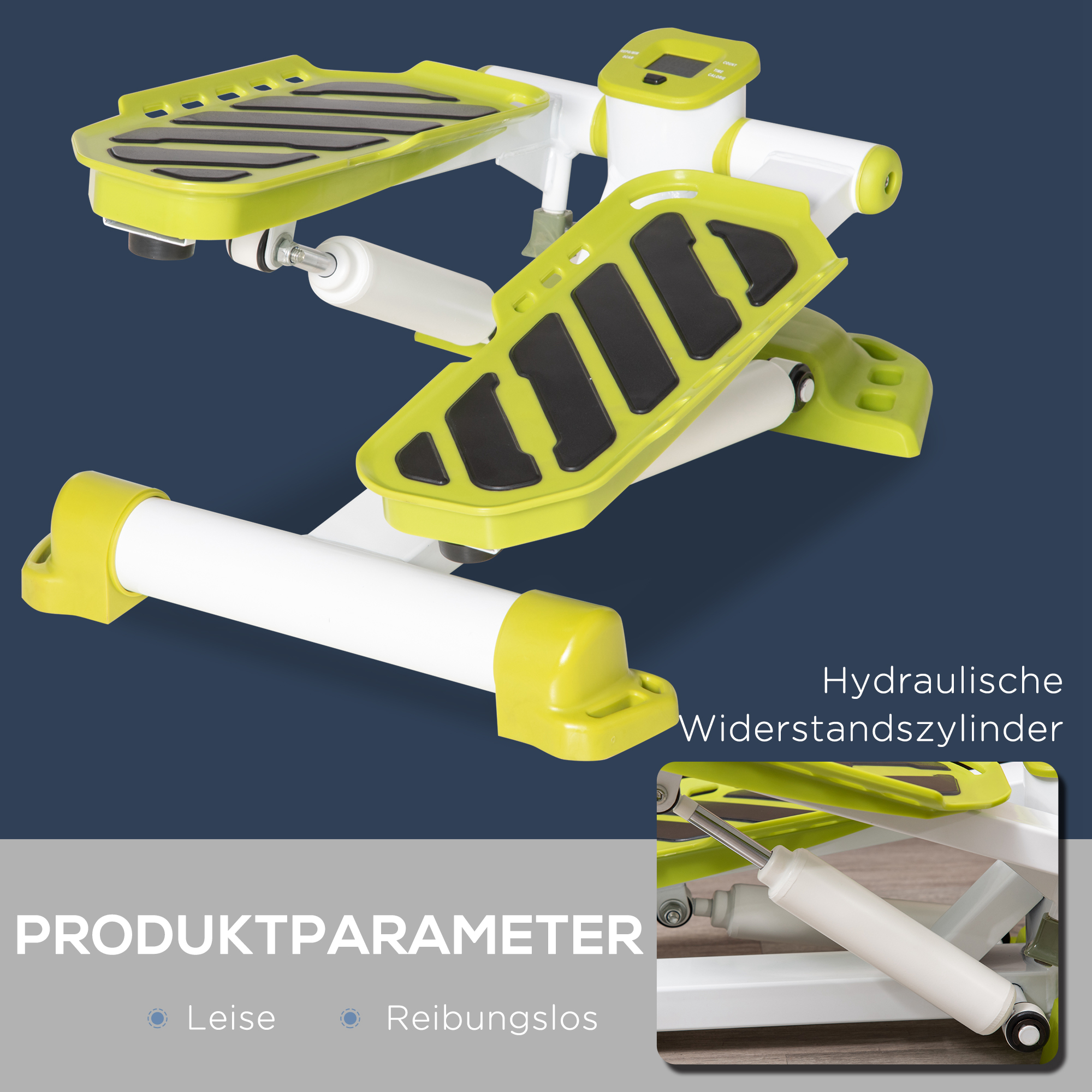 Mini-Stepper, tragbar, rutschfest, Hydraulikzylinder, LCD-Display, Metall/ABS, 48x34x21 cm, Weiß/Gelb