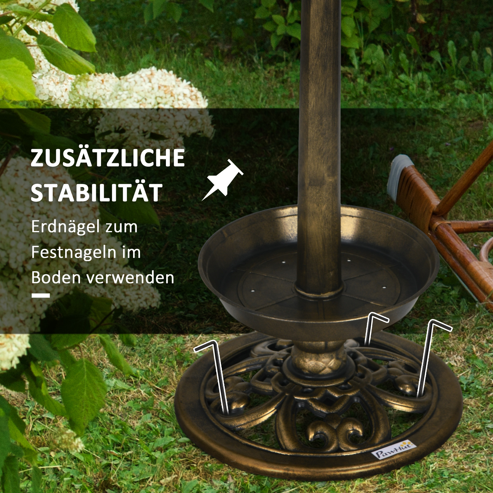 Vogeltränke Vogelhaus Futterschale, wetterbständig, 2 Schalen, Vintagedesign, 50 x 50 x 110 cm, Bronzefarben