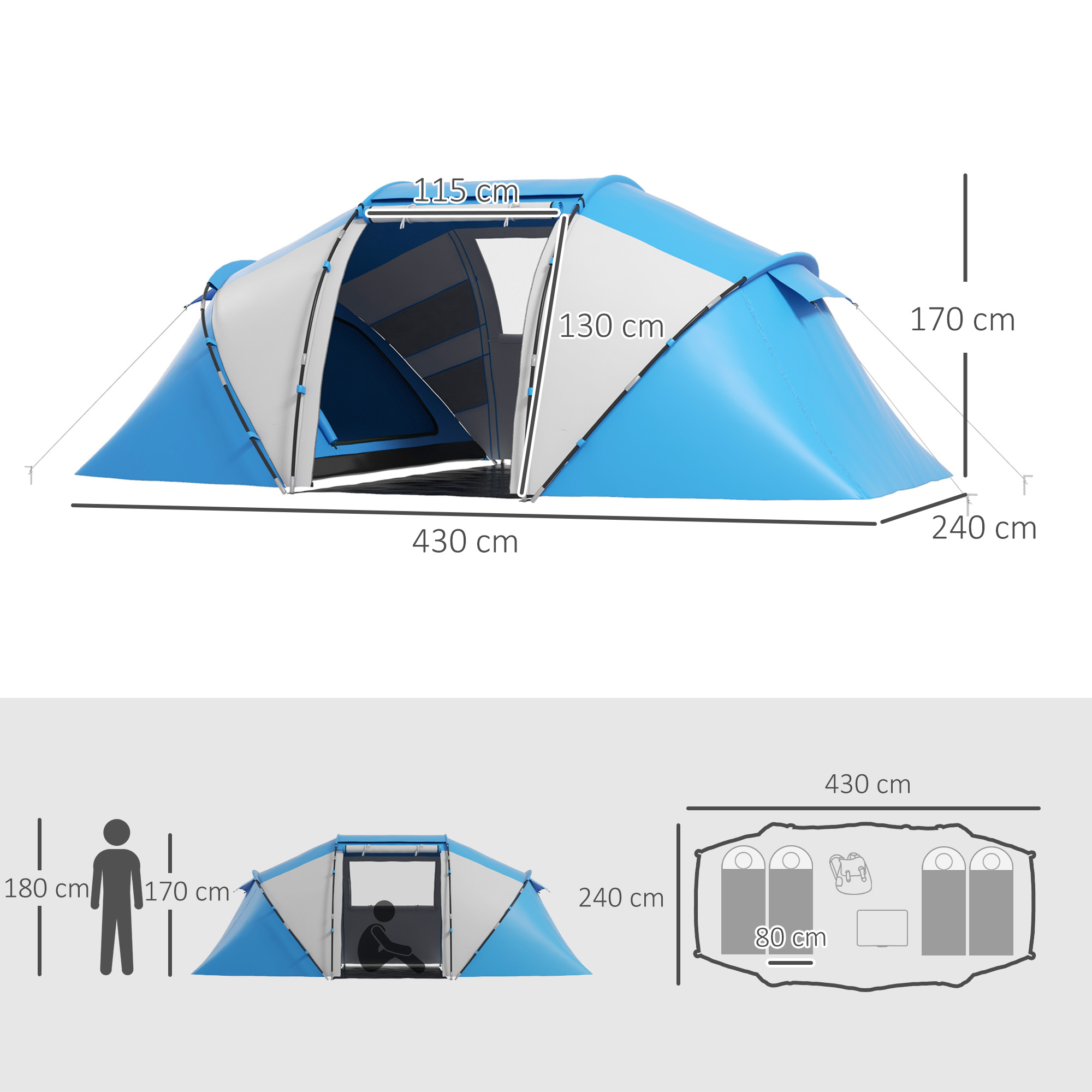 Campingzelt für 4-6 Personen leicht, stabil wasserdicht Familienzelt mit Eingang Bodenplane, Zelt mit 2000mm Wassersäule Tunnelzelt Kuppelzelt für Camping Reise Trekking Garten, Blau