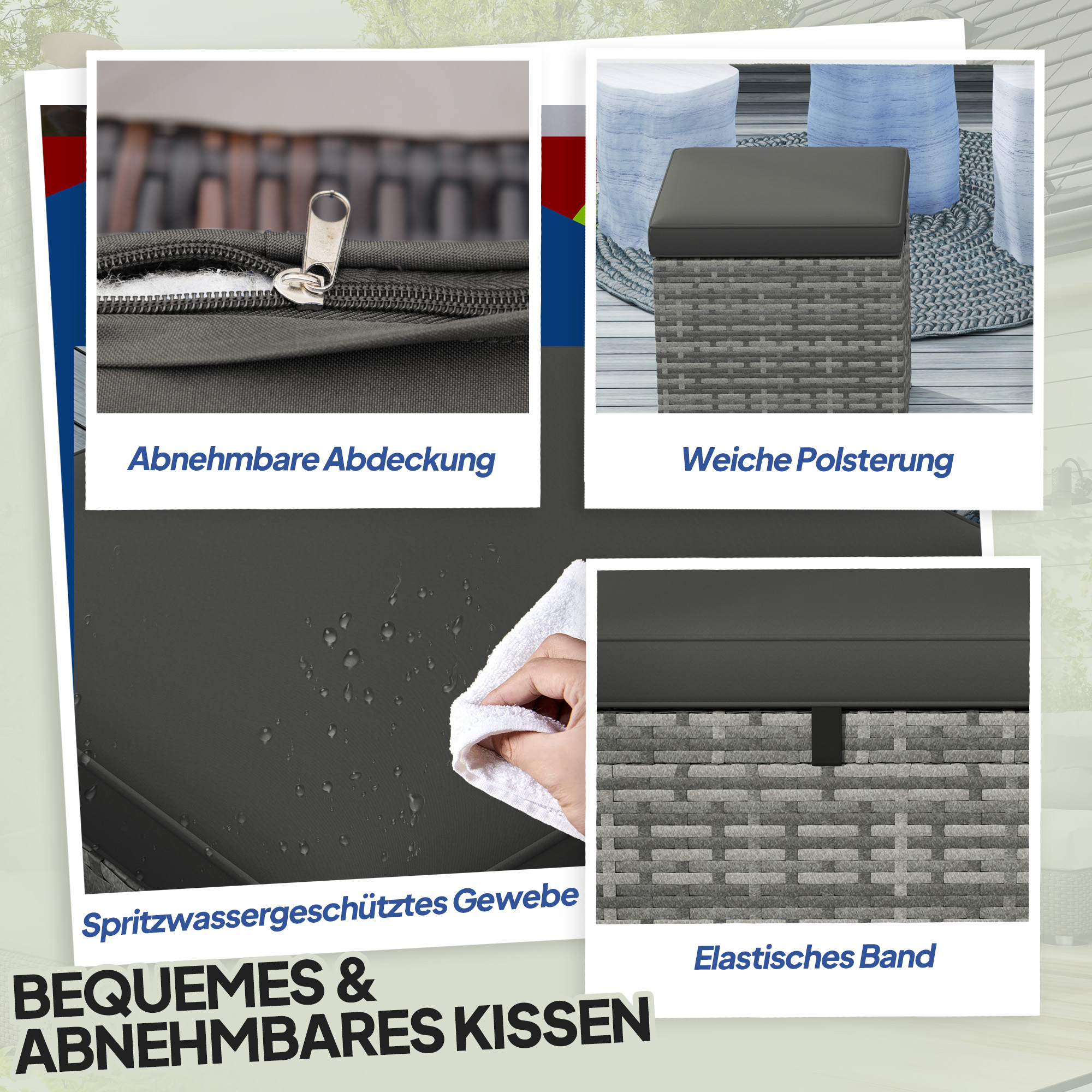 2er Set Rattan Hocker Sitzhocker mit Rattanoptik Stauraum Kissen Deckel 120 kg belastbar 40x40x41cm Dunkelgrau