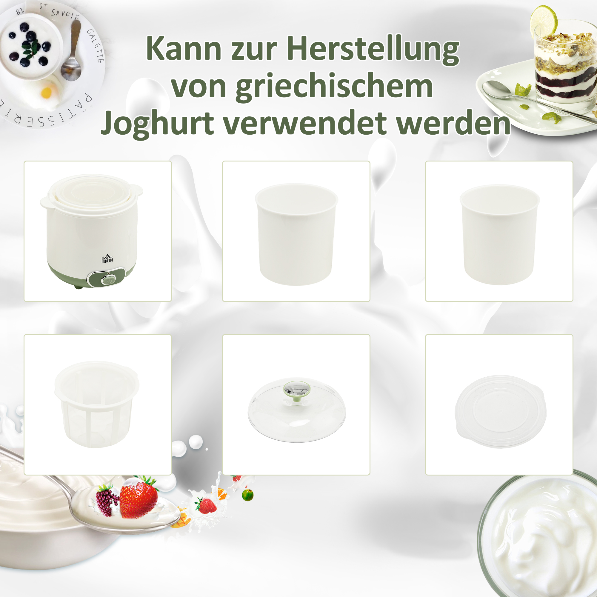 Joghurtbereiter, 1,5 L Joghurtmaschine mit 2 Gläsern, Sieb, Deckel, 20 W Joghurt-Maker für griechischen Joghurt, für 3-5 Personen, 19,5x17,5x21,4 cm, Weiß