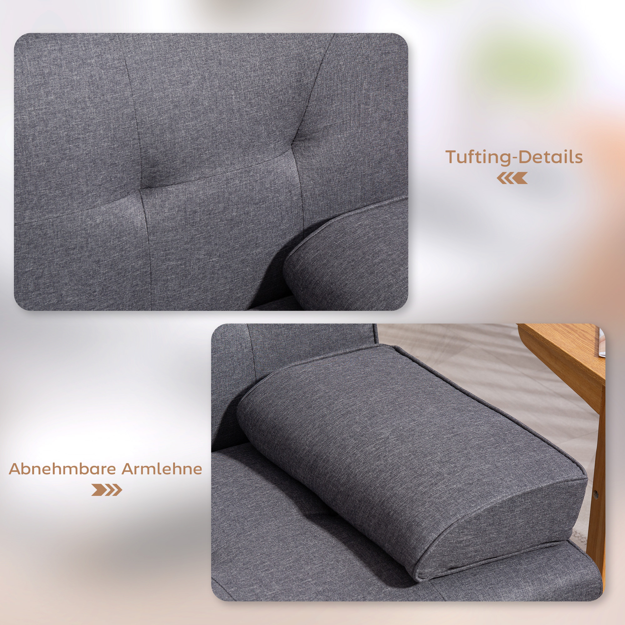 Schlafsofa im Skandi-Design, 3-Sitzer-Sofa, 2 Kissen, Grau + Natur