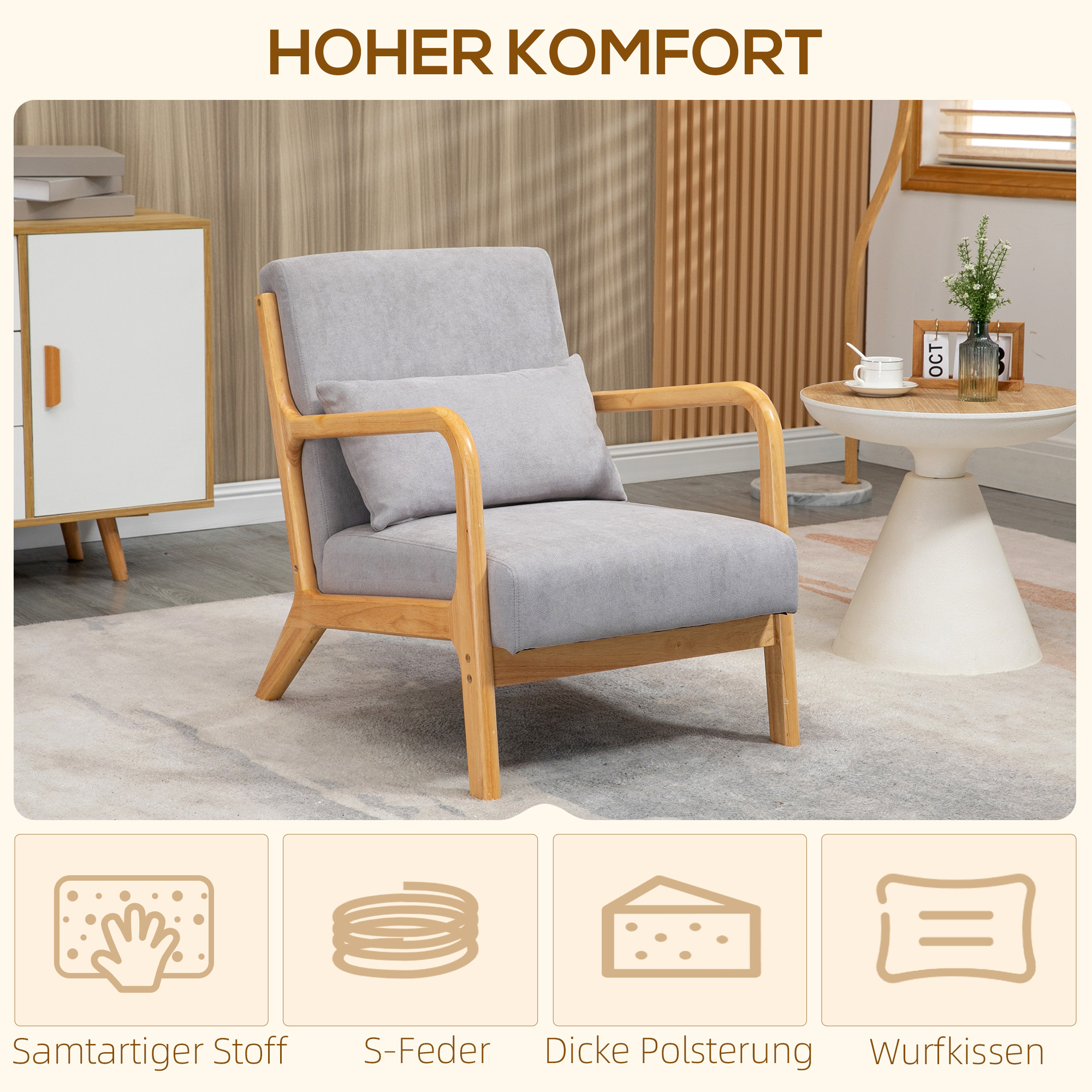 Eleganter Lounge-Sessel mit Holzrahmen und Schaumstoff-Polsterung, Samtoptik, für Wohnzimmer, Schlafzimmer, Grau