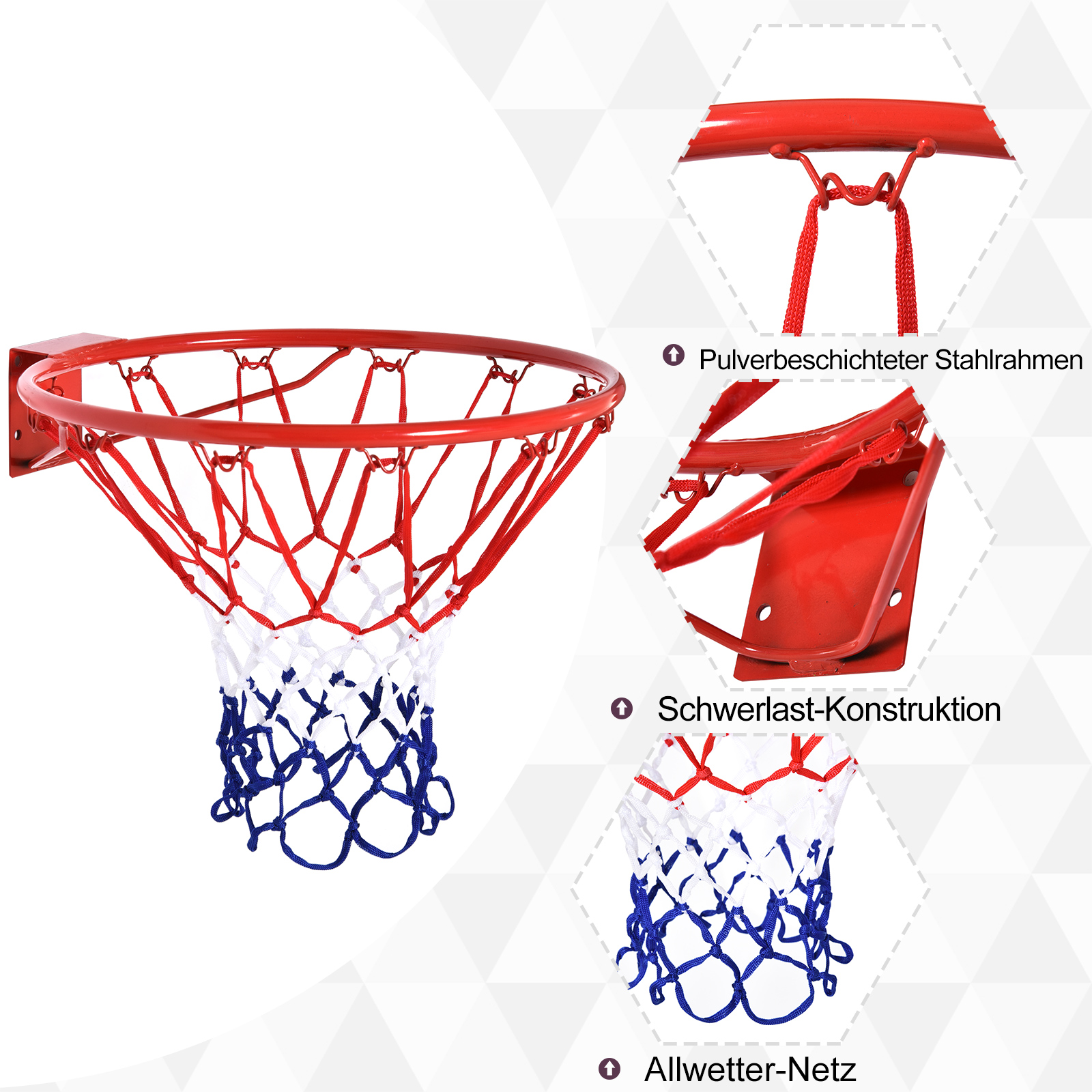 Basketballkorb, Indoor & Outdoor mit Ø46 cm Korb und Netz, Wandmontage, Basketball Board für Jugendliche Erwachsene, Rot + Blau + Weiß