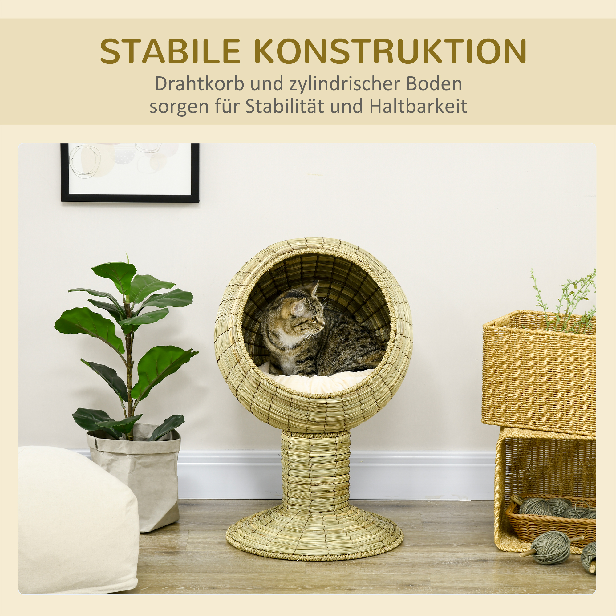 Katzenhöhle aus Seegras, 2-teilig, flexibel positionierbar, 41 cm x 41 cm x 71,5 cm, Natur