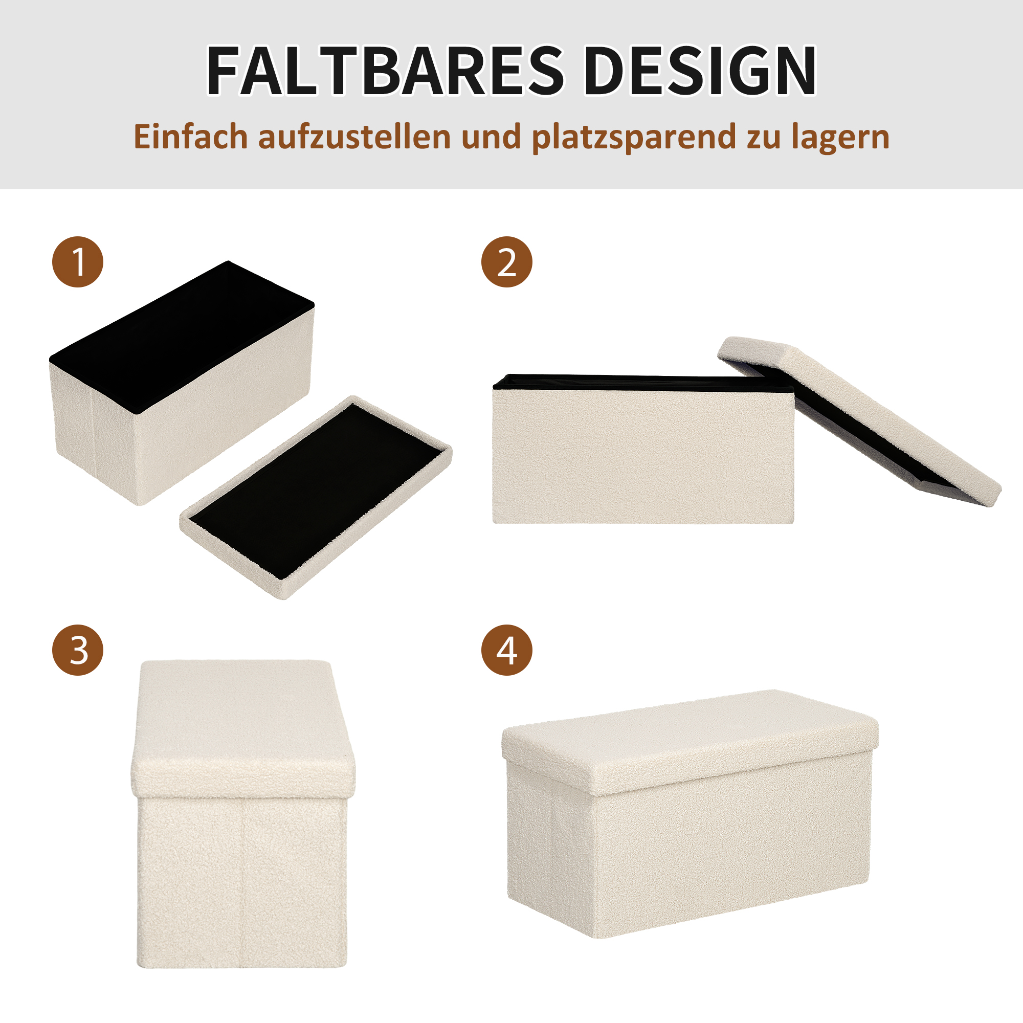 Aufbewahrungshocker, Polsterbank mit Stauraum und Deckel für Wohnzimmer, Schlafzimmer, Flur, Cremeweiß