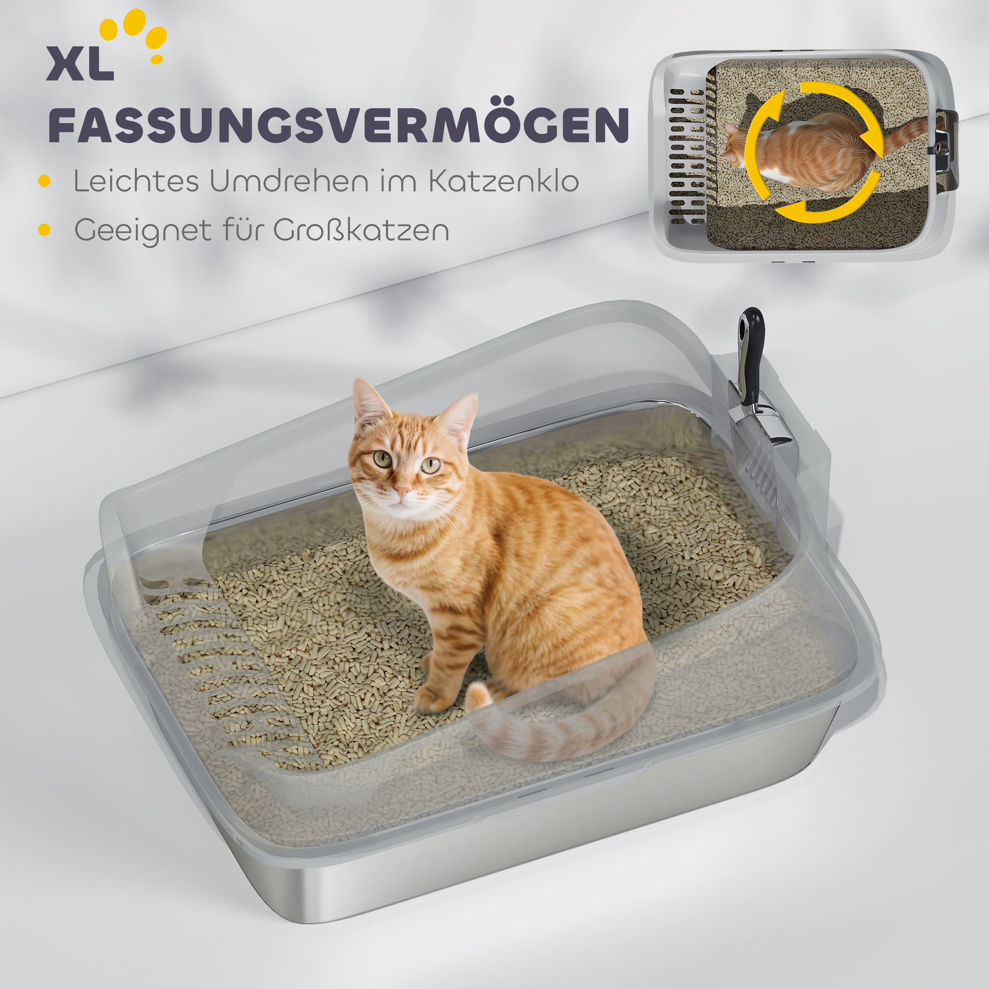 Katzentoilette Edelstahl Offene Katzenklo mit Schaufel hohem Rand für große Katzen bis 7 kg, 60,2 x 40,2 x 29,7 cm, Grau