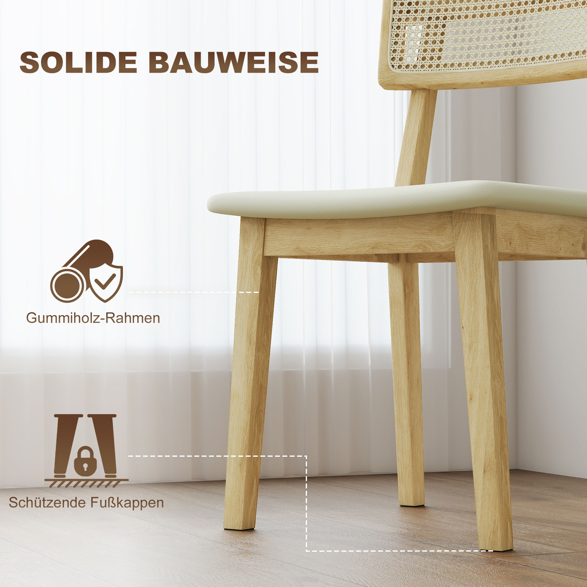 Esszimmerstuhl, Rattan-Rückenlehne, Kunstleder-Sitz, Kautschukholz, Naturholz