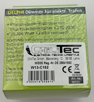 DELPHI Dimmer für elektronische Trafos, 250V~/ 300W, inkl. Rahmen, UP, weiß