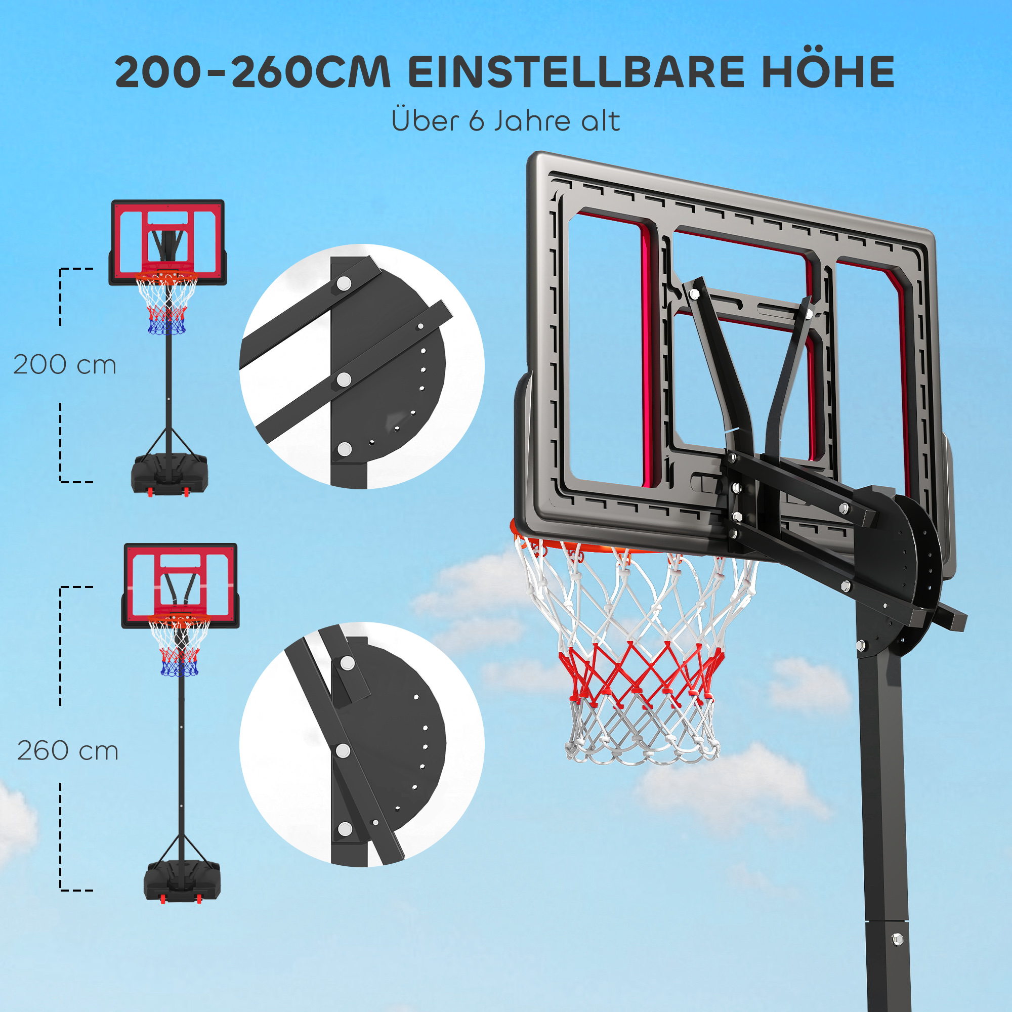 Basketballkorb, Outdoor-Basketballkorb für Jugendliche 200-260 cm höhenverstellbar, mit Rädern, Rot