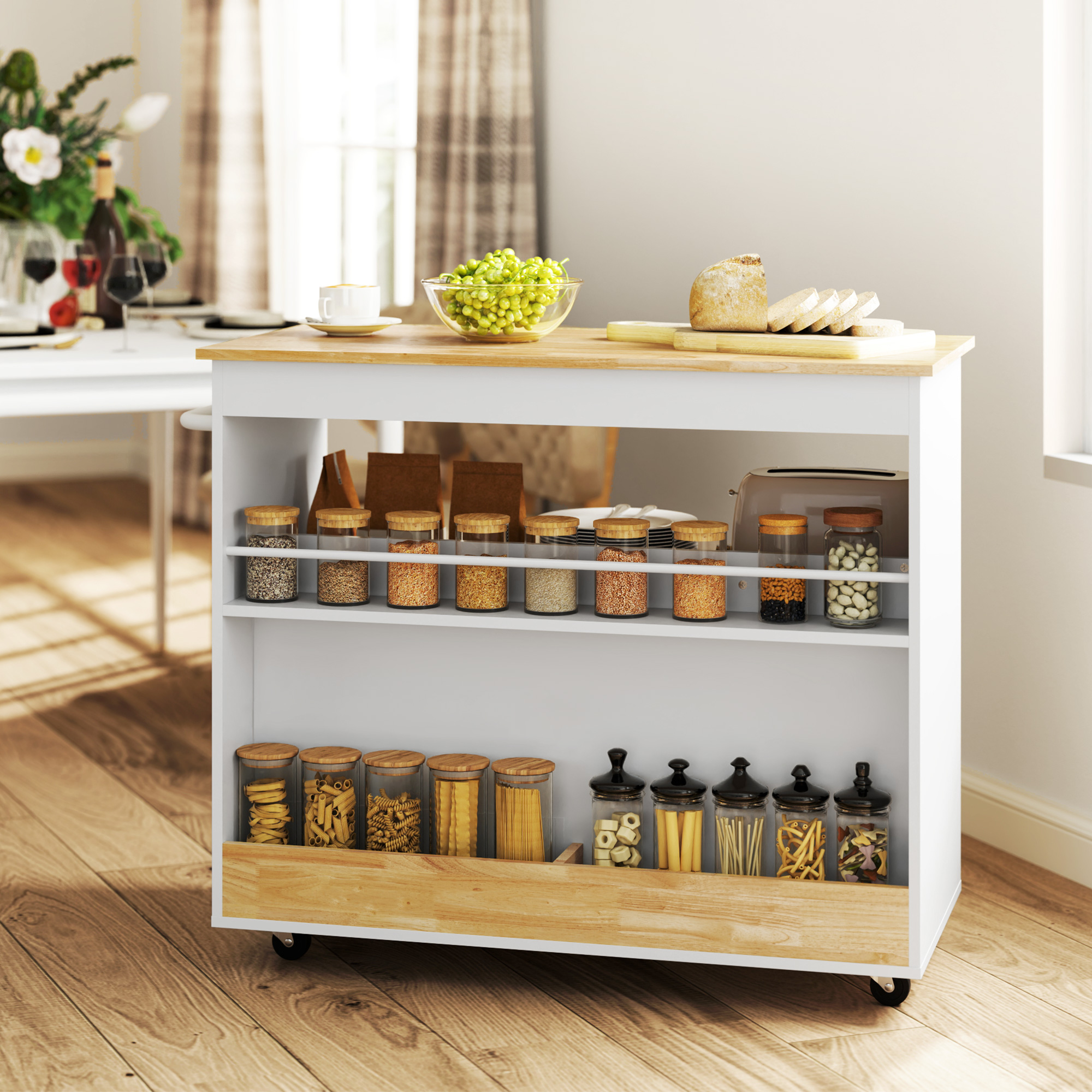 Küchenwagen, Rollbare Kücheninsel, Küchen-Trolley mit Fächern, Schrank und Arbeitsfläche, Weiß