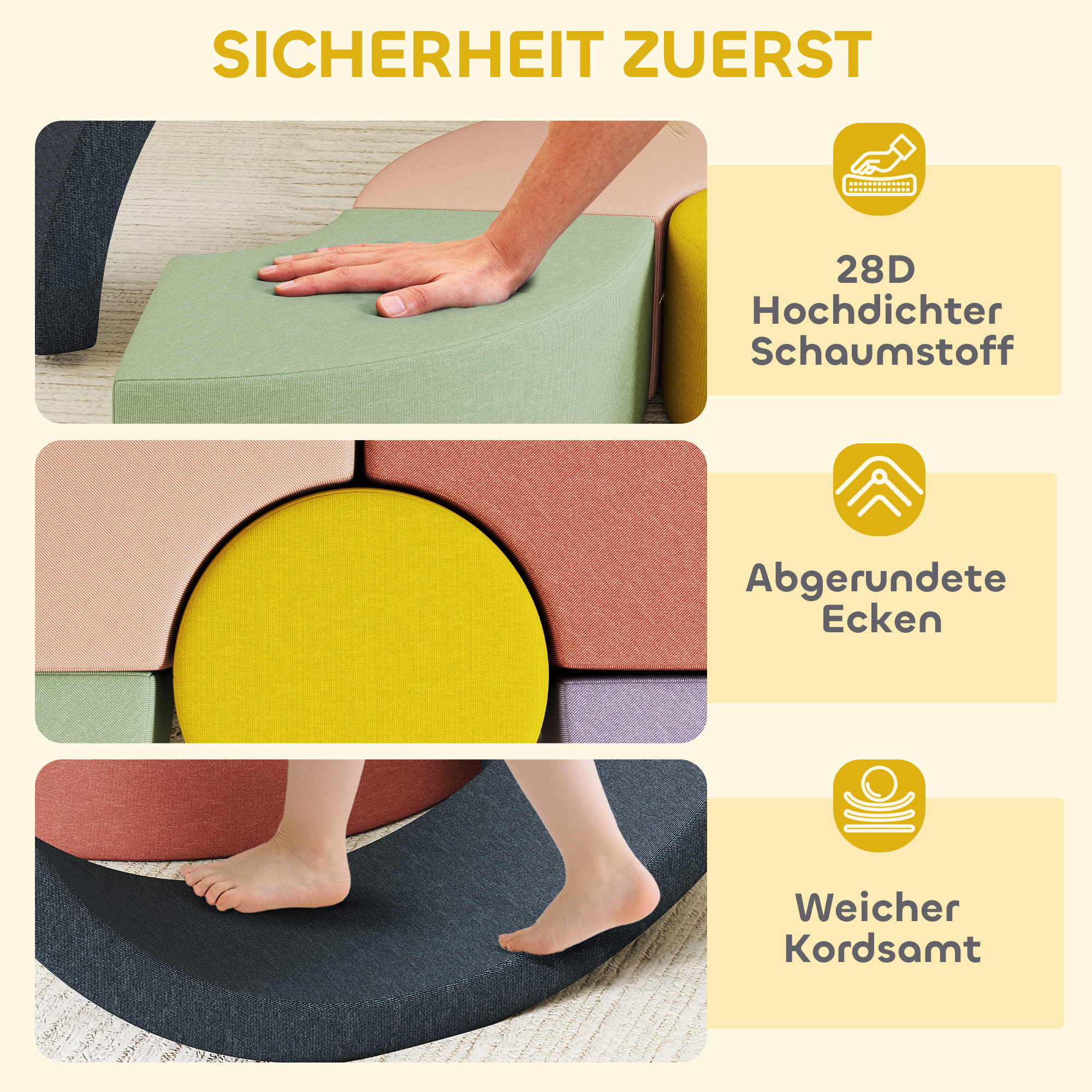 7-teiliges Weichbauklötze-Set für Kleinkinder, Schaumstoff, waschbarer Cordbezug, verschiedene Formen, Bunt