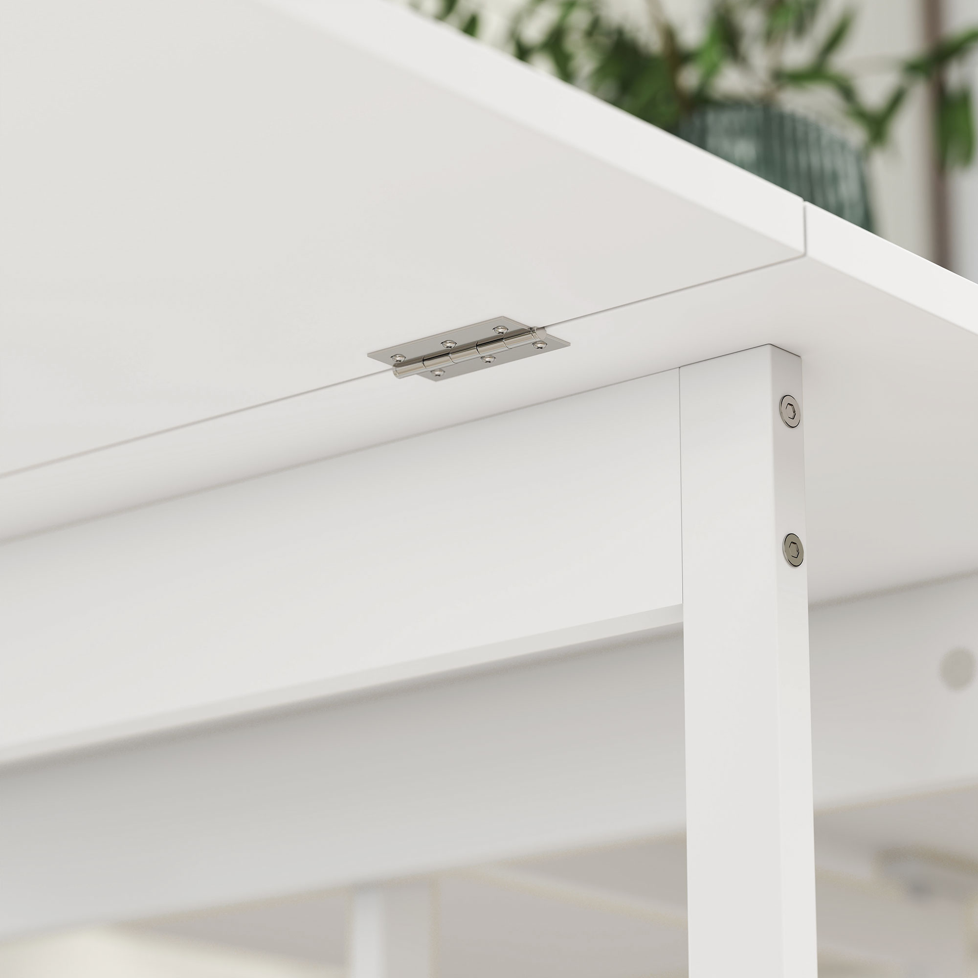 Klappbarer Esstisch im Industriedesign, für bis zu 4 Personen, offene Regale, flexibel, Metall, Spanplatte, Weiß