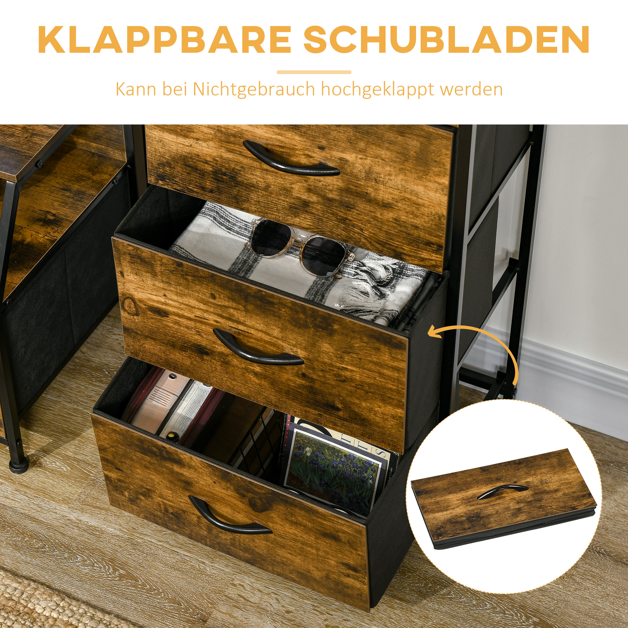 Aufbewahrungsschrank, Stoffschubladen, MDF-Regale, Stahlrahmen, Braun