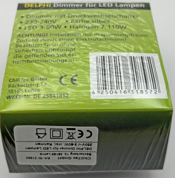 DELPHI Dimmer für LED Lampen, 250V~/ 3-60W, inkl. Rahmen, UP, silber