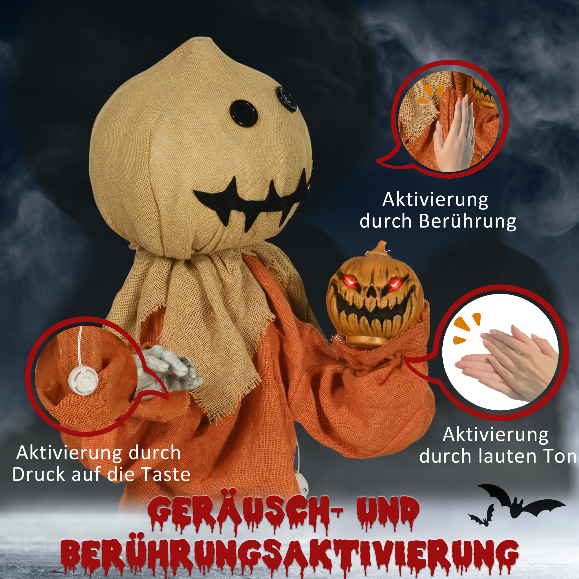 Vogelscheuche Halloween-Dekoration, beweglich, macht Geräusche, batteriebetrieben