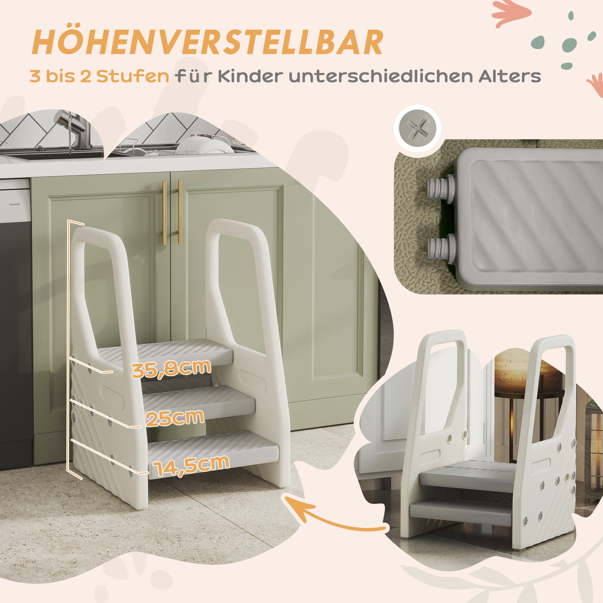 Kinder-Tritthocker, von 3 auf 2 Stufen verstellbar, mit Handgriff, Rutschfest, für verschiedene Räume, Kunststoff, Grau