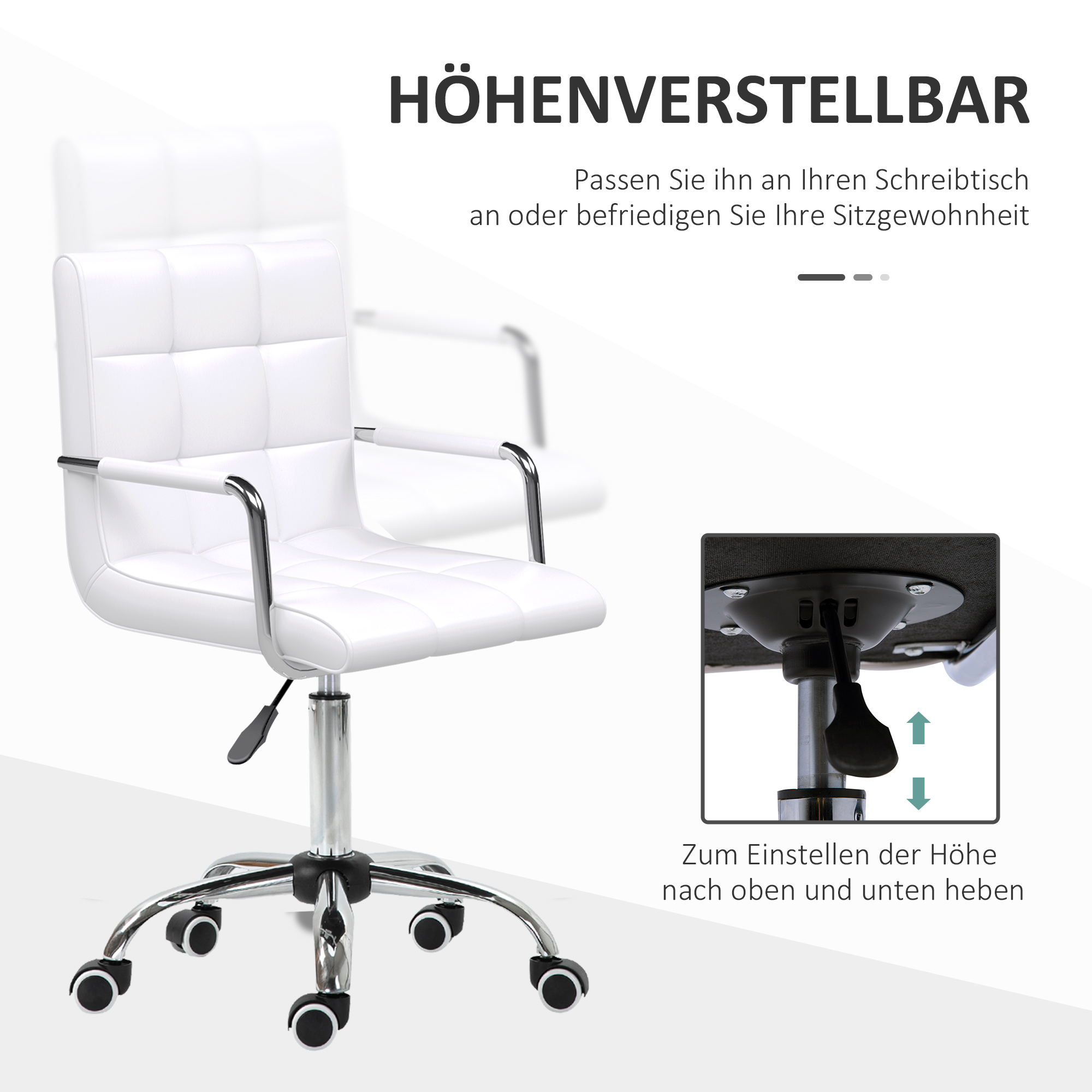 Bürostuhl im Retrodesign, höhenverstellbar, 5 Rollen, 52,5 cm x 54 cm x 99 cm, Weiß
