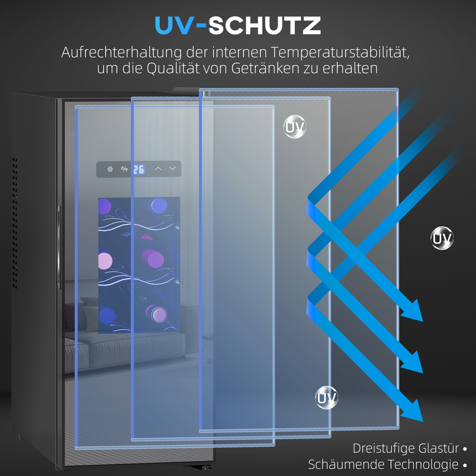 Weinkühlschrank für 12 Flaschen, mit Glastür, Getränkekühlschrank mit LED-Licht, Touch-Screen, Schwarz